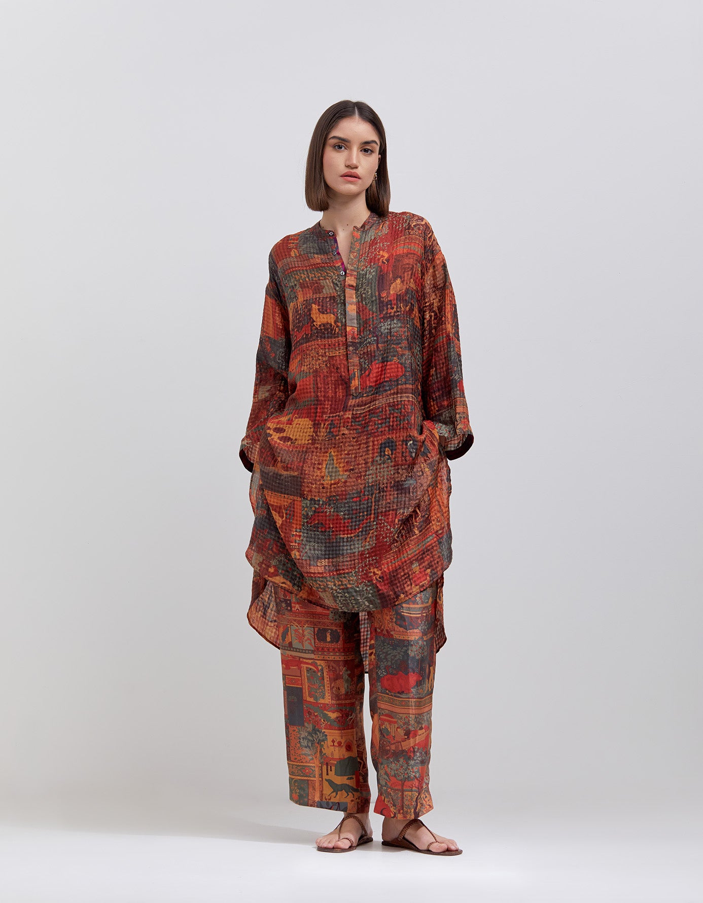 Firoza Kurta Silk Check Terracotta - Elegant Indian Women's Silk Tunic Top for Festivals, Weddings & Special Occasions