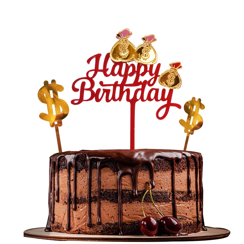 Set of 3 Gold Happy Birthday Cake Toppers - Premium Dollar Cake Topper Decorations for Birthday Parties, Wedding Cakes & Special Events