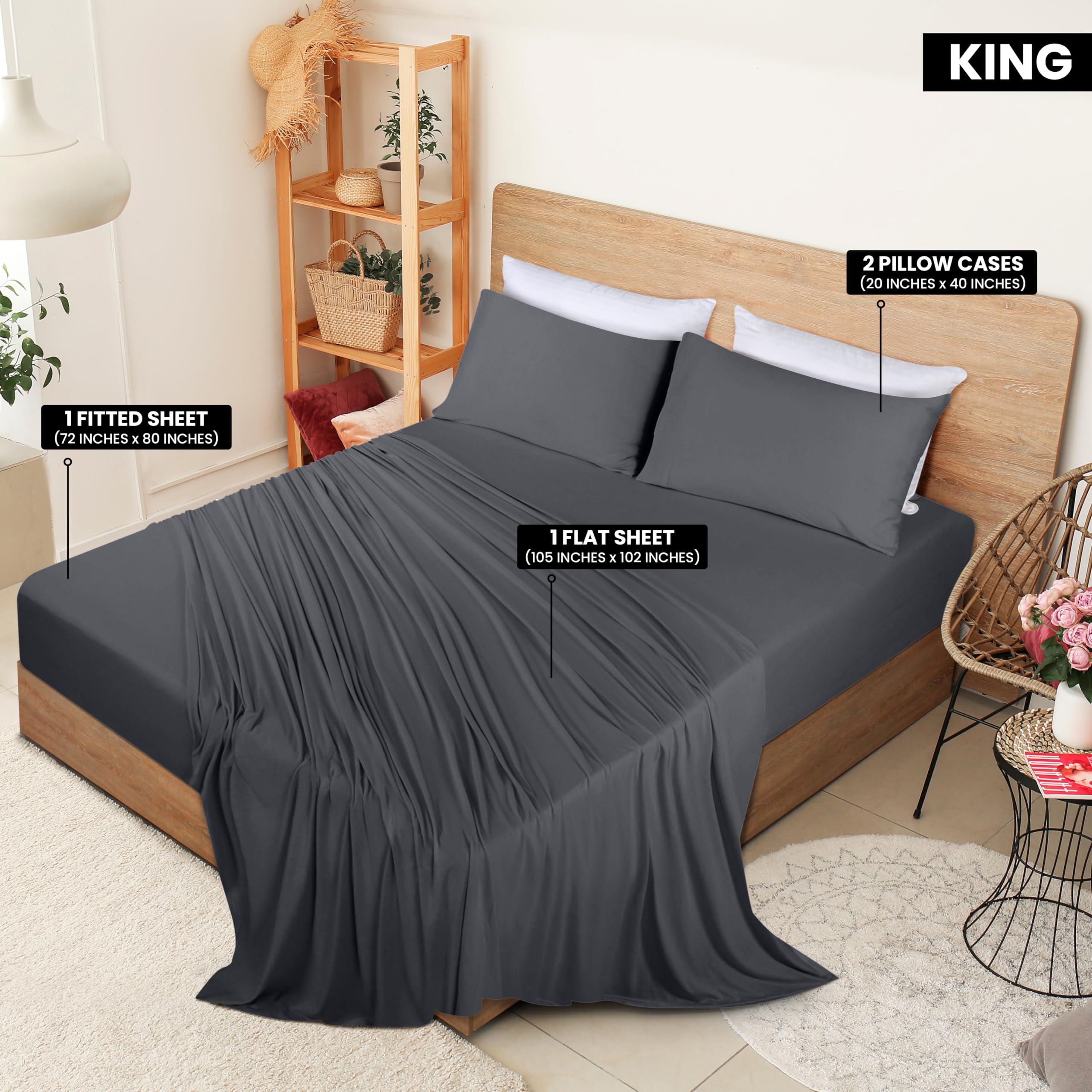 Utopia Bedding King Size Jersey Knit Sheet Set - 4 Piece Soft Stretchy Cotton Bed Sheets (Dark Grey) - Perfect for Cozy Nights & Guest Bedrooms