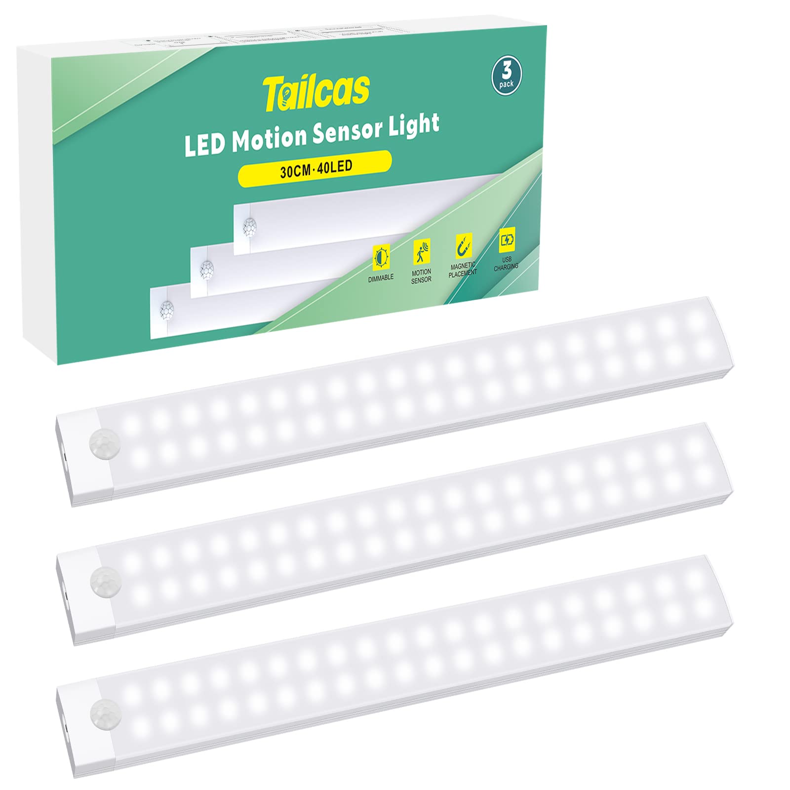 Tailcas Indoor Motion Sensor Light - USB Rechargeable Dimmable Cabinet Lighting for Kitchen, Stairs, Hallway & Nursery | Night Light for Kids, Closets & Dark Spaces