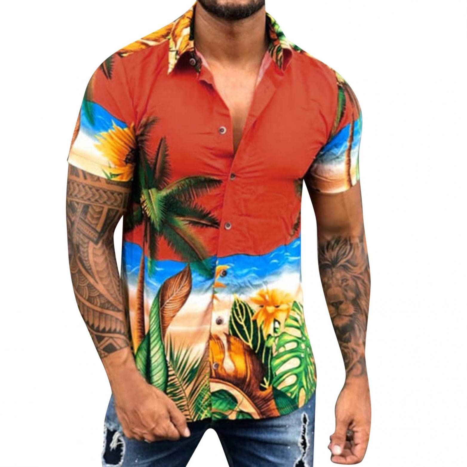 Men's Casual Patchwork Short Sleeve Graphic Button-Down Shirt - Regular Fit T-Shirt & Top for Everyday Wear | Perfect for Work, Weekend Outings & Casual Events