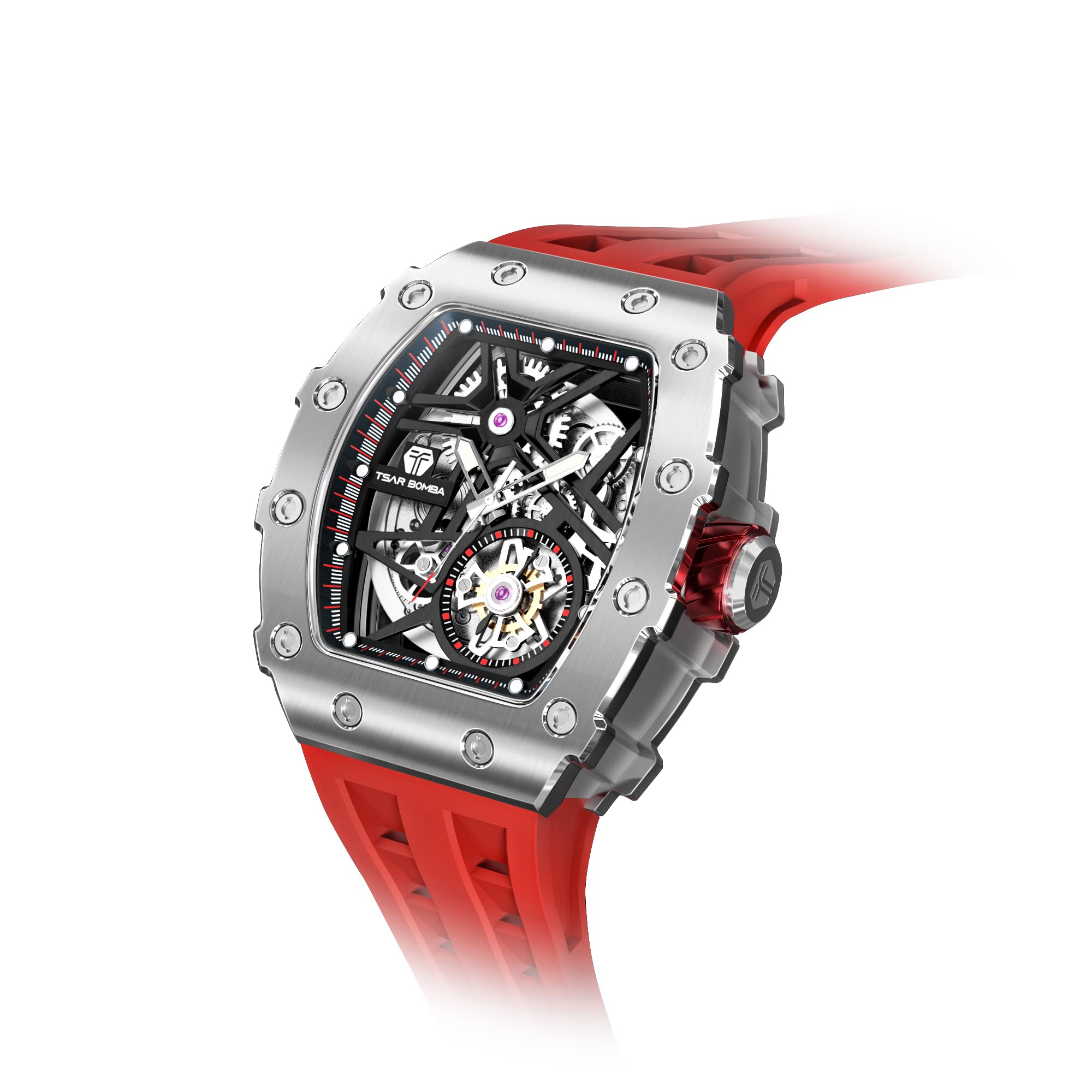 TSAR BOMBA Men's Automatic Skeleton Watch - Luxury Tonneau Design, 50M Waterproof, Silver Square Big Face with Silicone Strap - Perfect for Business, Formal Events & Everyday Wear