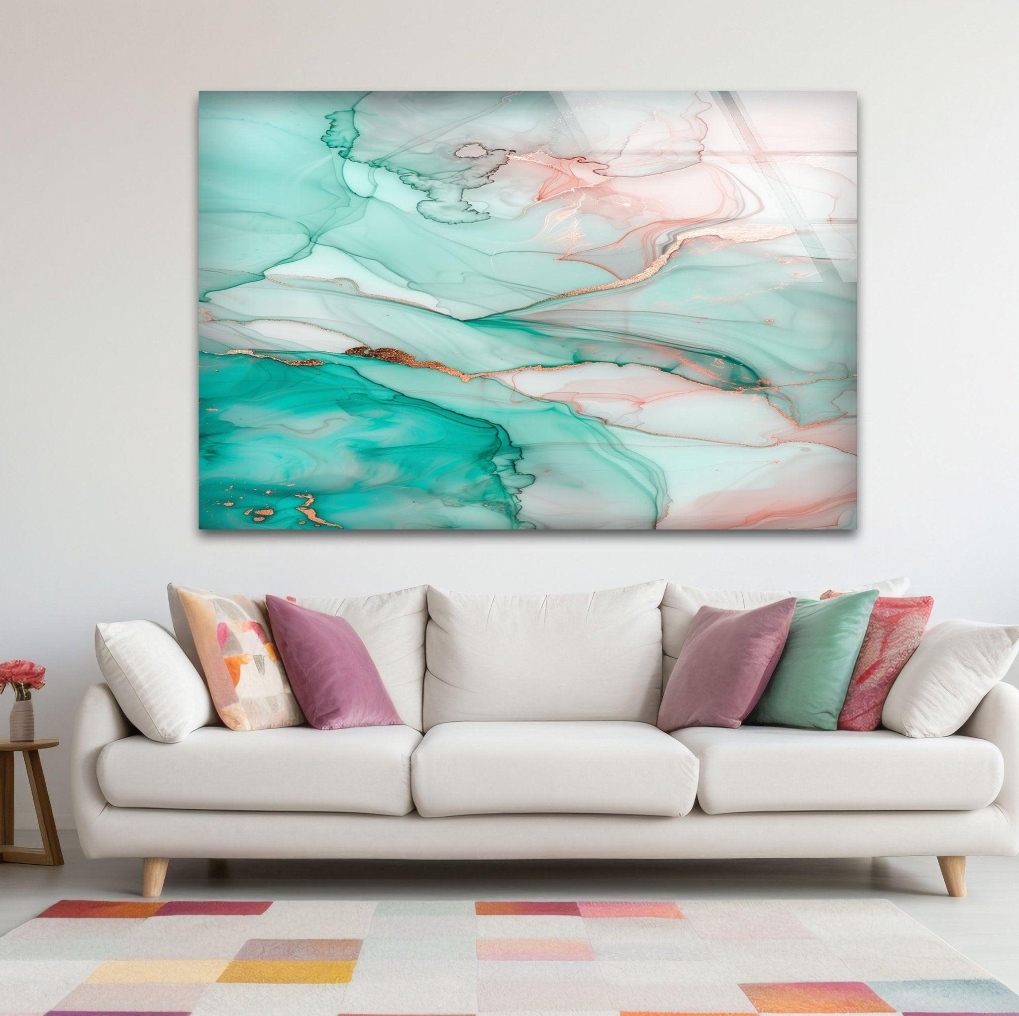 Abstract Blue Marble Ink Glass Wall Art - Modern Home Decor for Living Room, Bedroom & Office - Handmade Glass Painting for Unique Interior Design