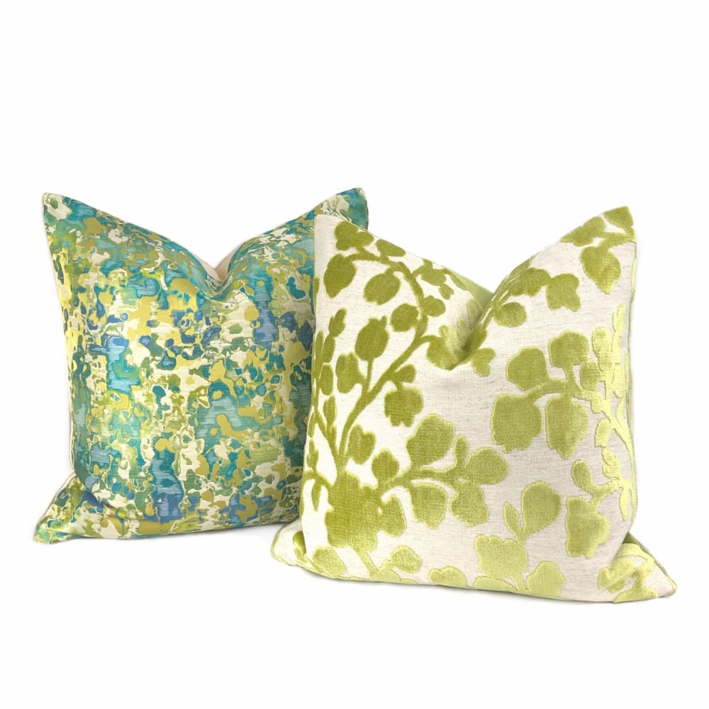 Turquoise Blue Chartreuse Silk Linen Abstract Pillow Cover - Bohemian Home Decor for Living Room, Bedroom & Sofa