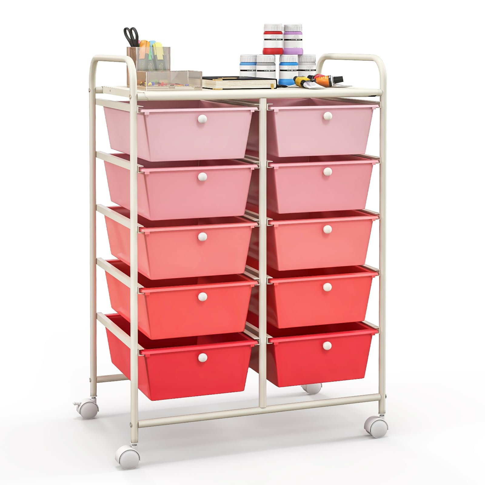 Giantex 10-Drawer Rolling Storage Cart with Wheels - Mobile Organizer for Classroom, Office, Home & School - Perfect for Teacher Supplies, Craft Tools, Art Paper & Stationery - Pink Gradient Design - Ideal for Organizing, Decluttering & Workspace Efficiency