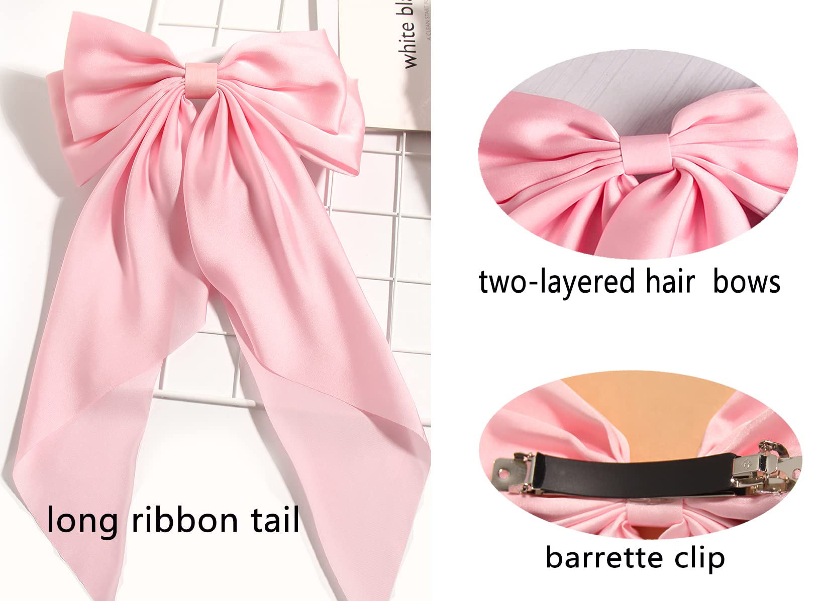 Elegant Satin Hair Bows for Women - Large Furling Pompom Hair Clips with Long Tail Ribbon - Black & Pink Hair Barrettes & Accessories for Parties, Weddings, Daily Styling