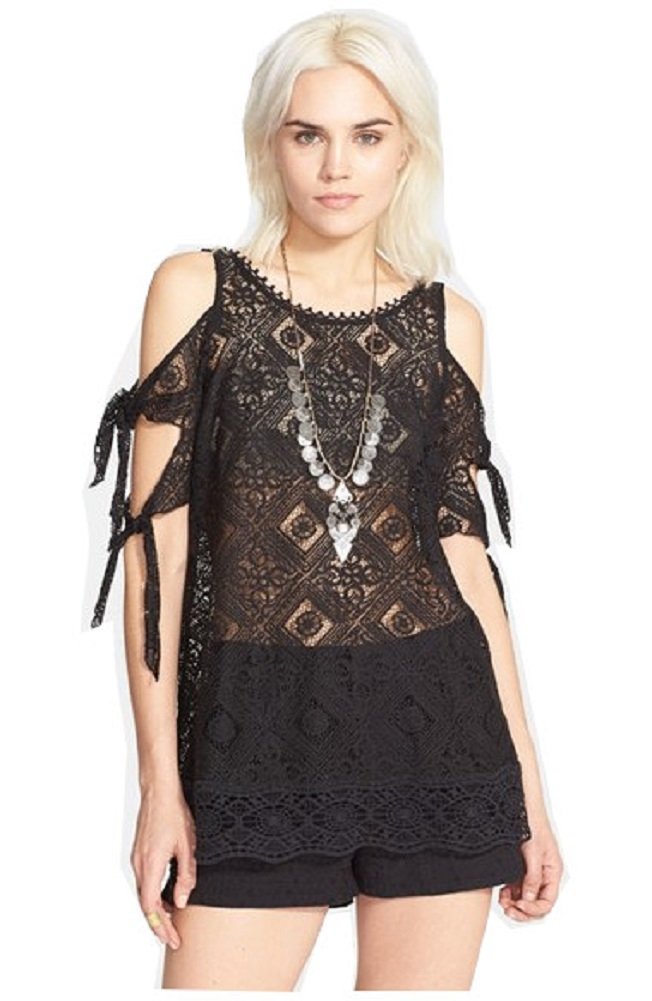 Free People 'Geo Sands' Cold Shoulder Top for Women - Black XS | Boho Chic Off-Shoulder Blouse for Summer, Beach & Music Festivals