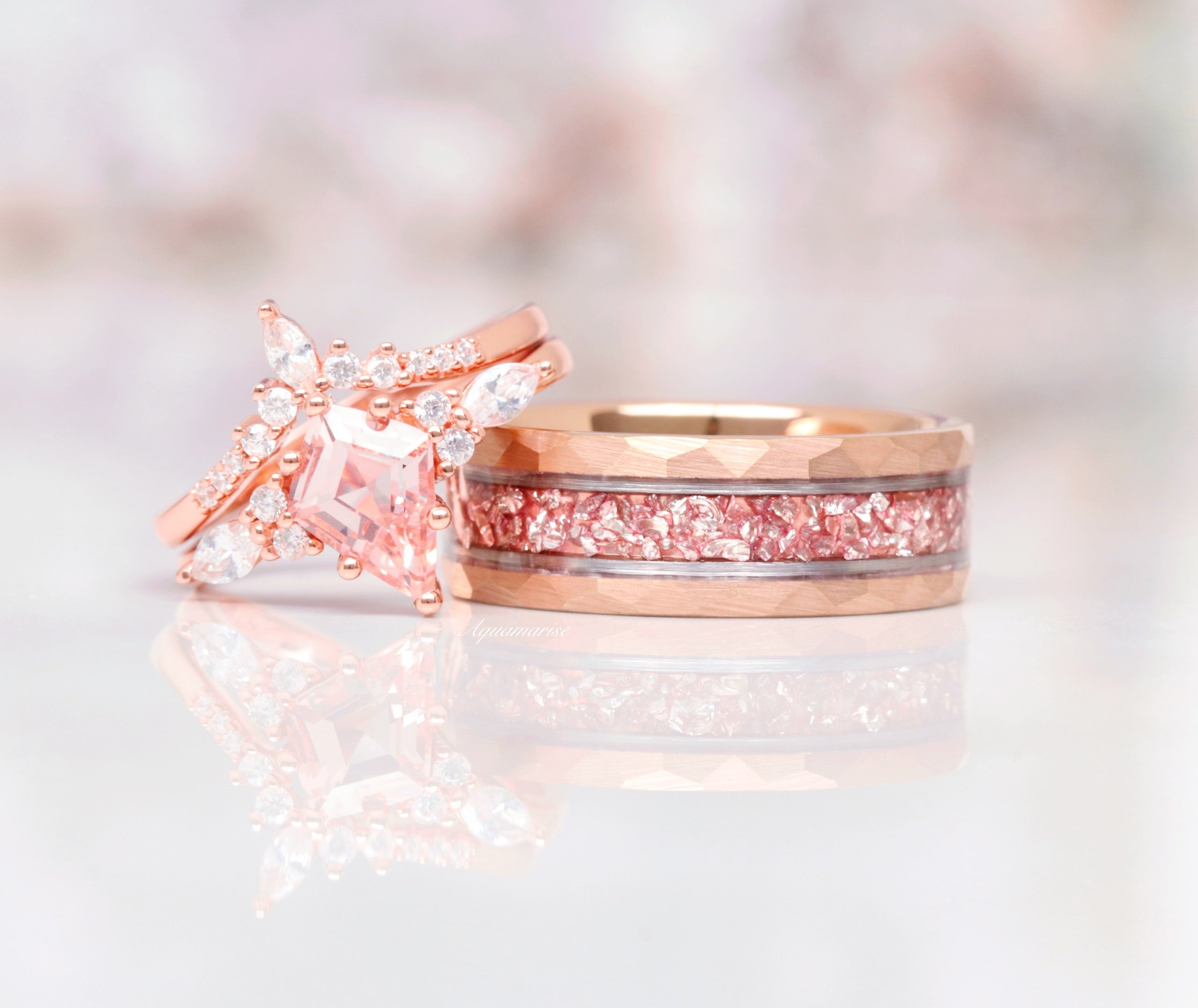 8MM Rose Gold Tungsten Crushed Morganite Wedding Band for Women - Elegant Stackable Ring for Bridal, Anniversary, or Everyday Wear