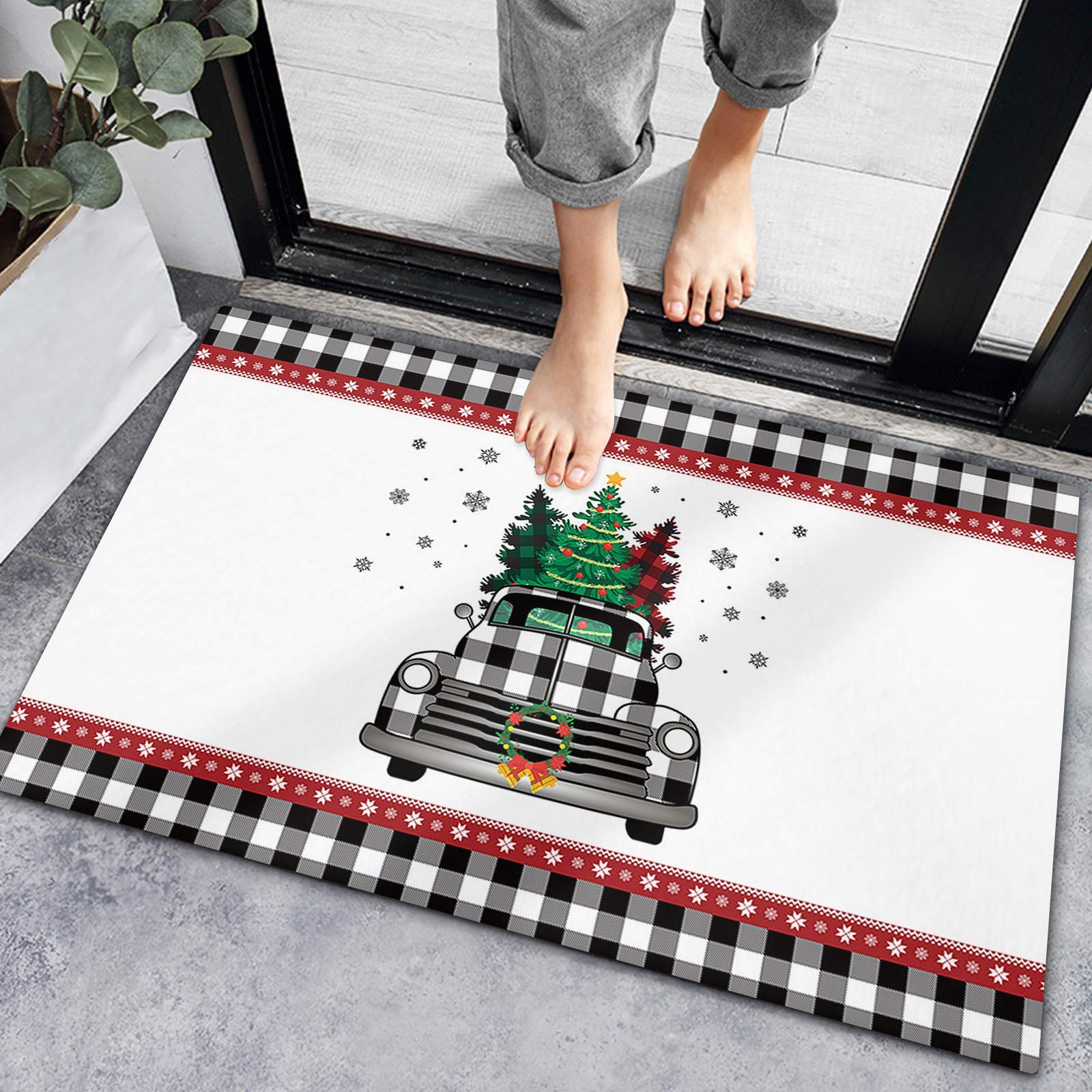 Non-Slip Absorbent Indoor Doormat - Christmas Farm Truck & Pine Tree Design, Buffalo Black White Checkered Bath Rugs for Front Door, Kitchen, Bathroom, Bedroom & Living Room Decor - Perfect for Holiday Home Entryway, Cozy Farmhouse Style & Wet Area Floor Protection