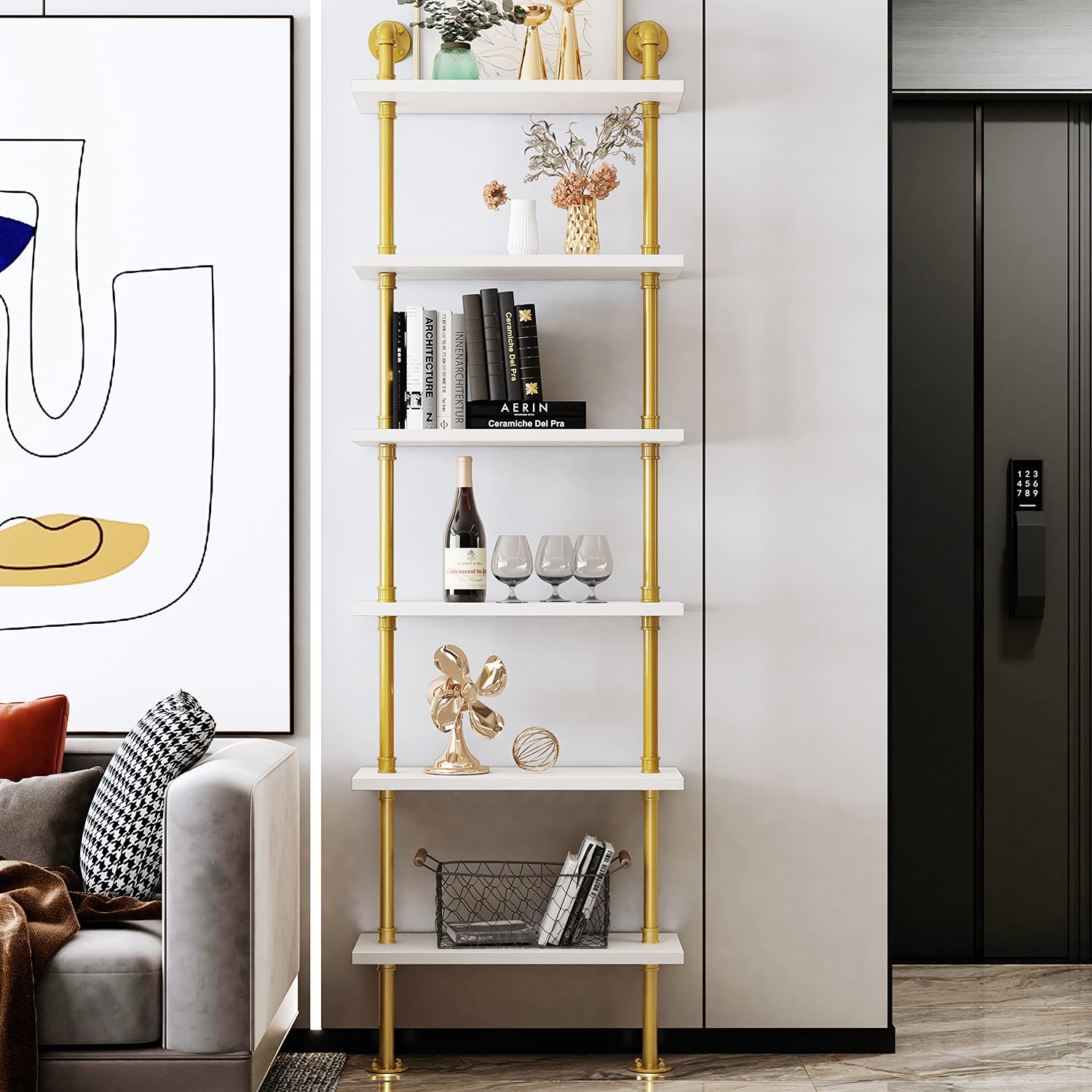 BOSURU Gold Wall Bookshelf with White Shelves - Rustic Industrial Ladder Bookcase, Vintage Pipe Shelf for Living Room Decor & Storage - Perfect for Home Office, Bedroom, and Modern Farmhouse Style