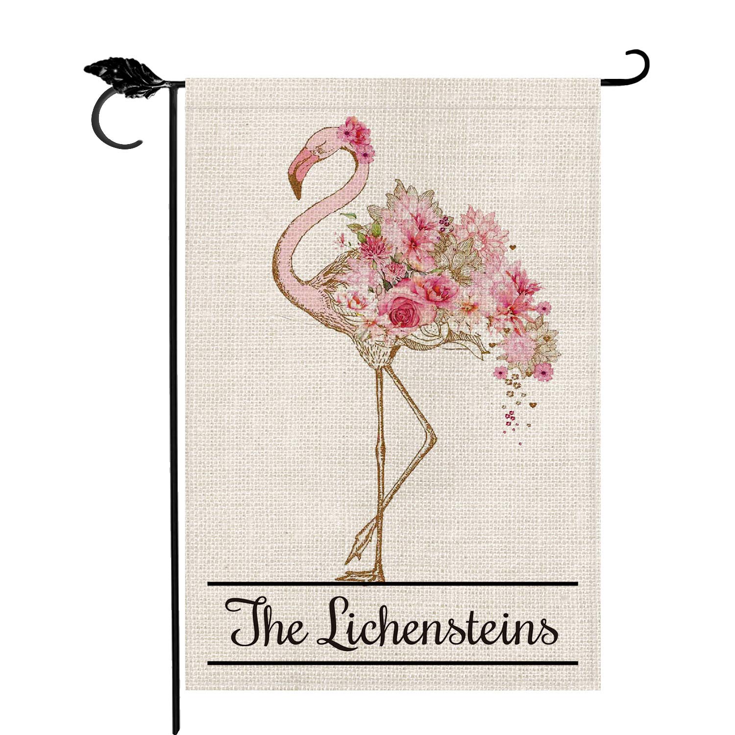 Personalized Flamingo Garden Flag - Custom Family Name Summer Spring Flower Decor - Double Sided 12x18 Inch Rustic Farmhouse Burlap - Perfect for Yard, Outdoor & Porch Decoration - Great Gift for Mother's Day & Housewarming