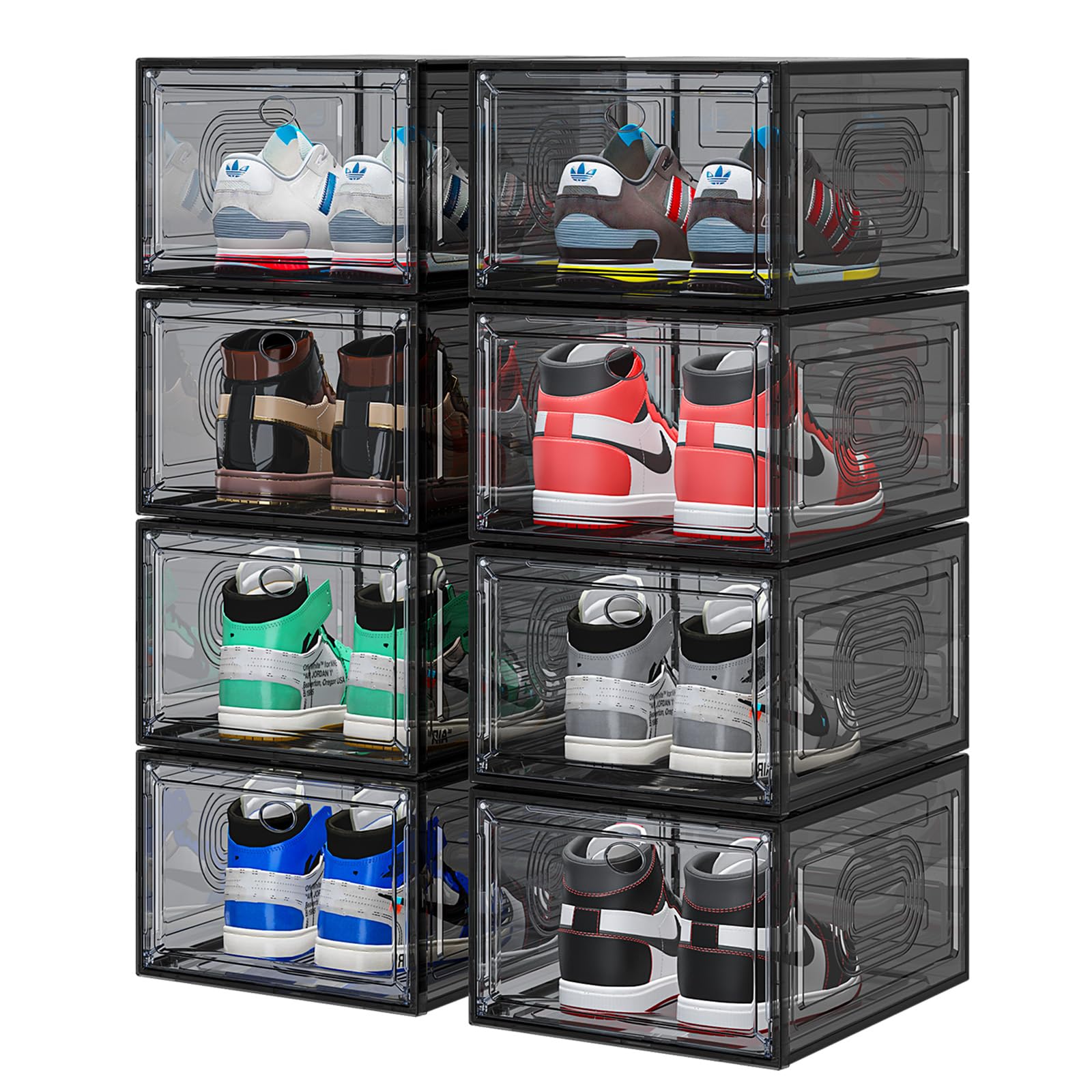 8 Pack Clear Stackable Shoe Storage Boxes with Magnetic Door - Thick Plastic Organizer for Shoes, Boots & Sneakers | Perfect for Closet Organization & Wall Display (Black)