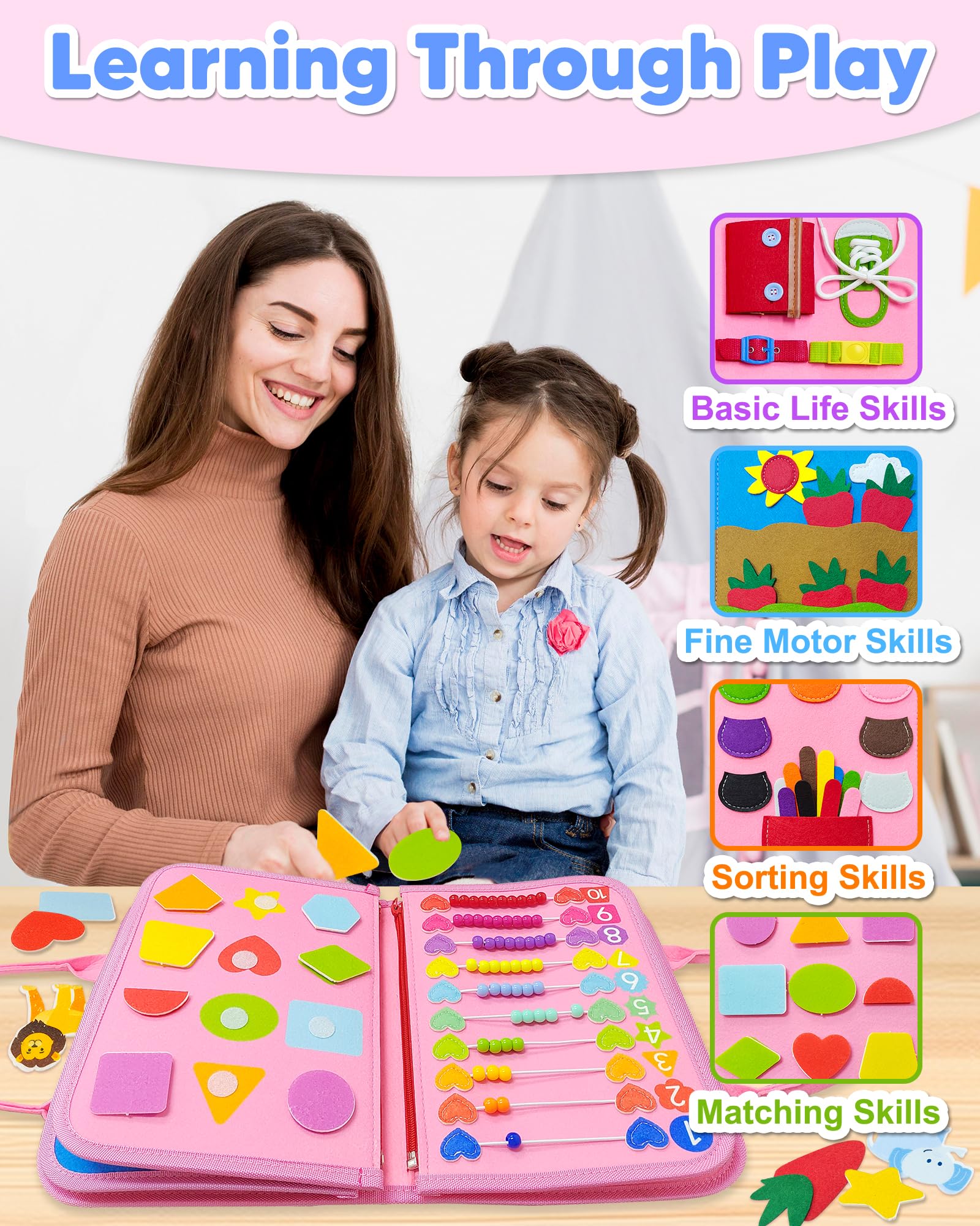 Montessori Busy Board for Toddlers 1-4 Years - Sensory Learning & Educational Travel Toy for Girls & Boys - Perfect Birthday Gift & Easter Present - Develop Fine Motor Skills for Airplane & Car Rides