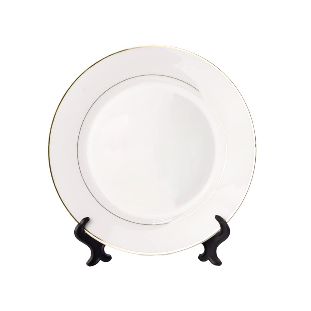 MR.R Set of 2 Sublimation Blanks - 8 Inch White Ceramic Gold Rim Plates with Stand, Lead-Free Porcelain Plates for Dessert, Salad & Appetizers | Microwave, Oven & Freezer Safe | Perfect for Parties, Weddings & Home Decor