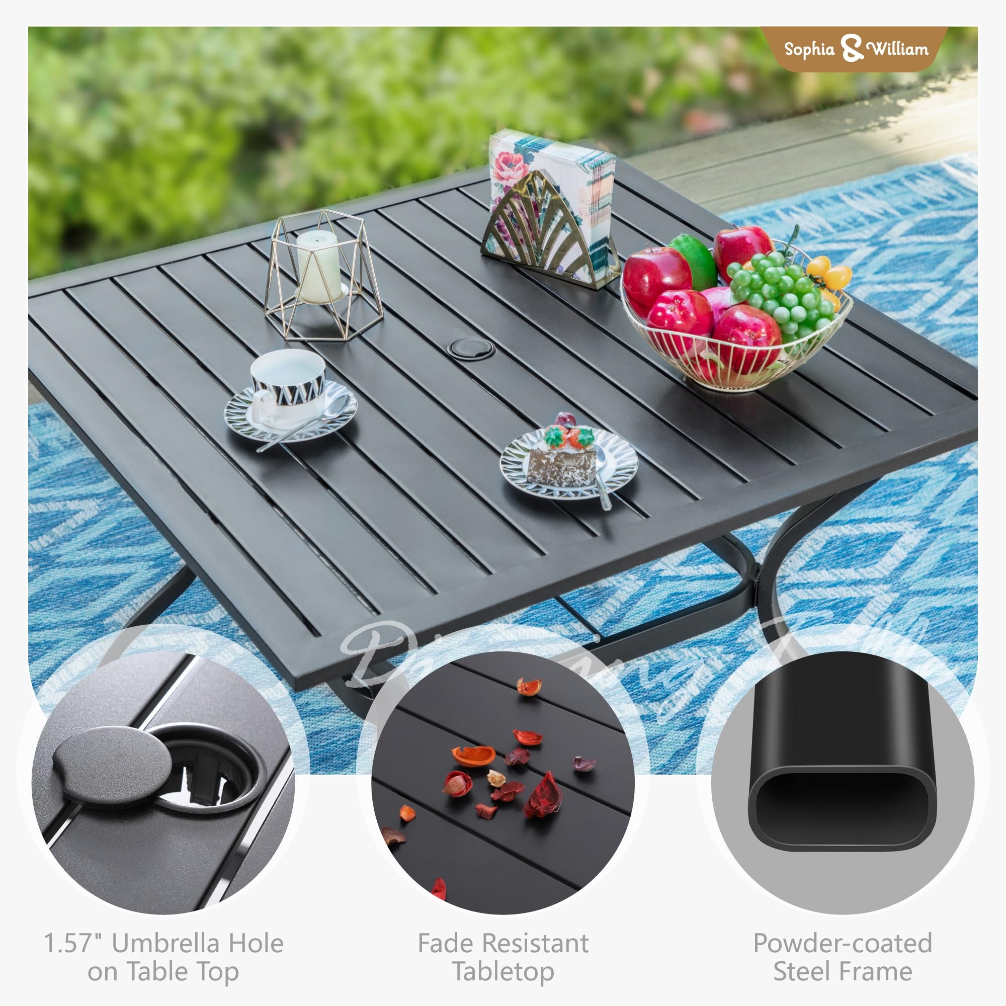 Sophia & William 5-Piece Outdoor Patio Dining Set - Foldable Textilene High-Back Chairs & Square Metal Table with Umbrella Hole - Grey - Perfect for Backyard, Garden, Poolside & BBQ Gatherings