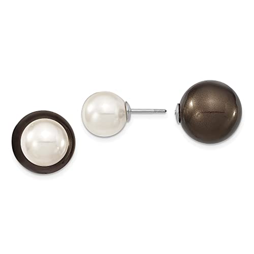 Majestik 925 Sterling Silver 11mm-15mm White & Black Simulated Seashell Mermaid Nautical Stud Earrings with Pearl Accents - Perfect for Women's Jewelry Collection, Beach Vacations, and Unique Gifts for Her