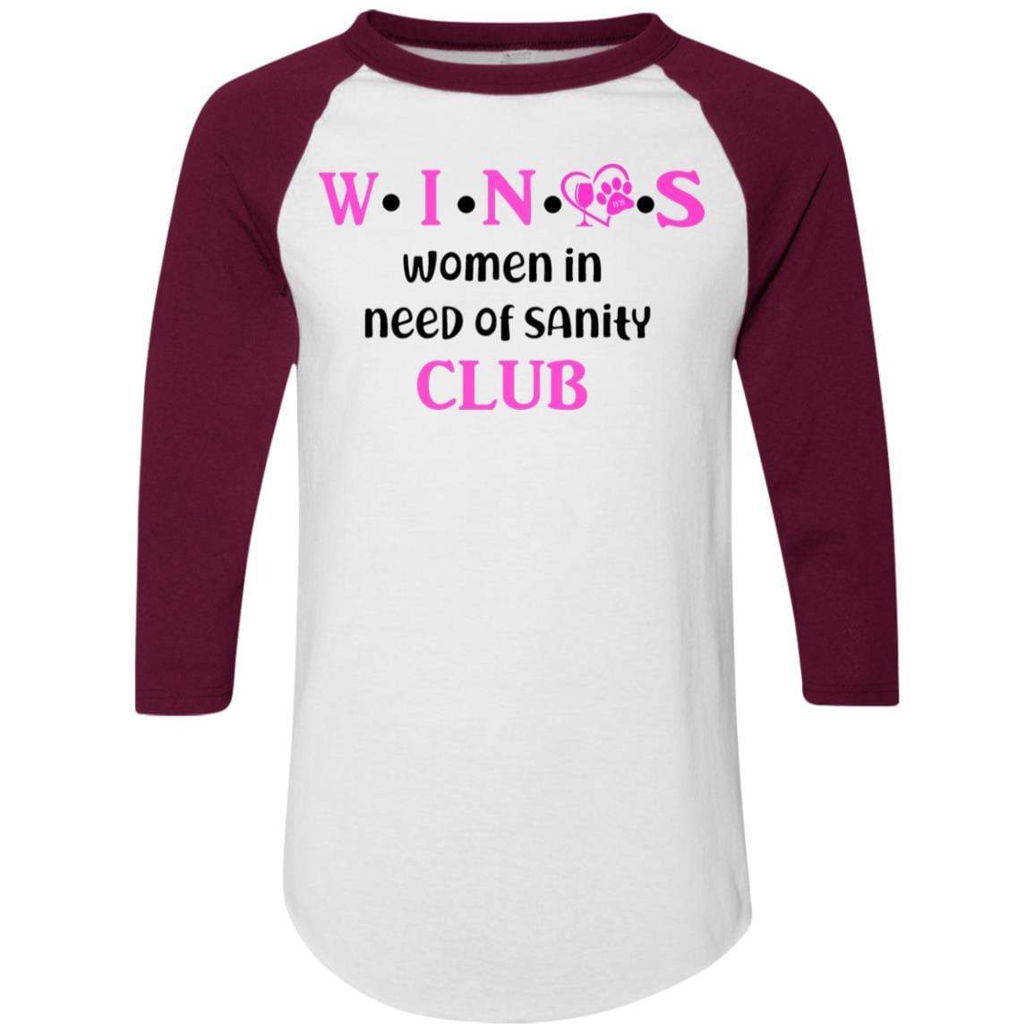 WineyBitches.Co WINOS Club Colorblock Raglan Jersey - Pink Lettering Women's Baseball Tee | Soft Cotton Blend Long Sleeve Shirt for Wine Lovers | Perfect for Wine Tasting Parties & Girls Night Out
