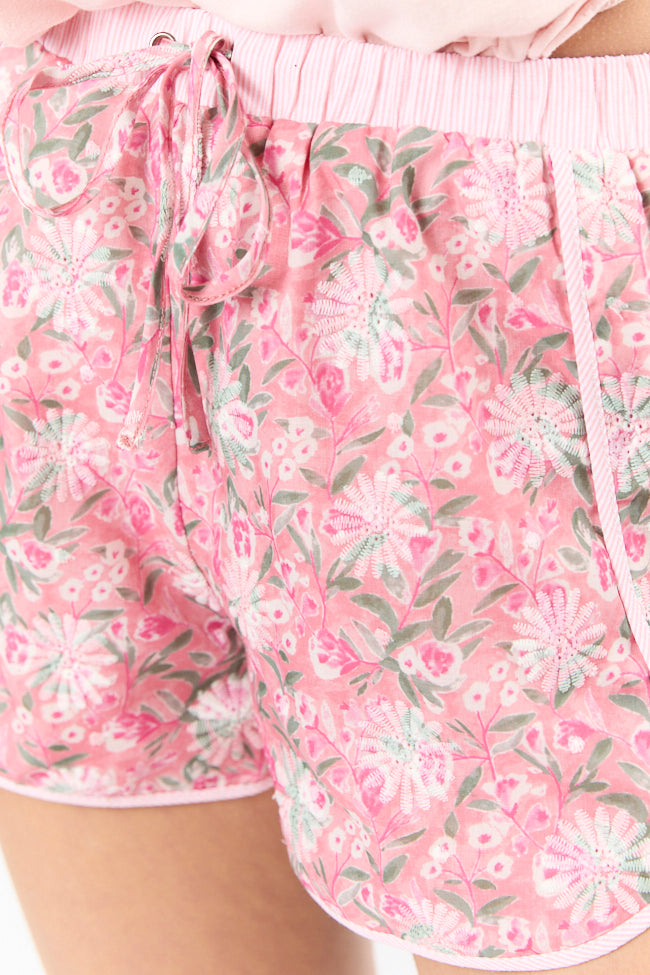 Beach Blooms Mauve Floral Embroidered Stripe Trim Pull On Shorts for Women | Summer Casual Comfort Stretchy Shorts | Perfect for Beach Vacations, Picnics & Outdoor Activities