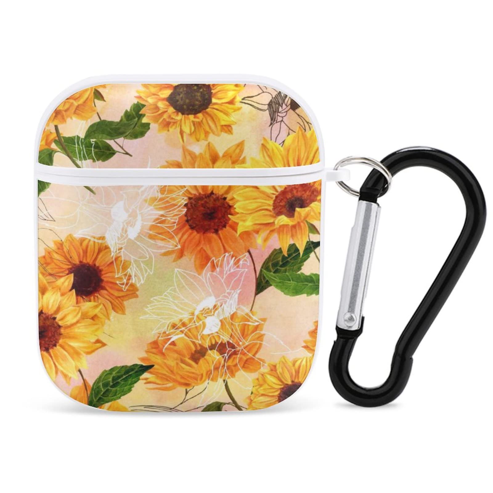 Shockproof Sunflower AirPods Case with Keychain - Protective Cover Compatible with AirPods 1 & 2 - Wireless Bluetooth Headset Accessory for Travel, Gym & Daily Use