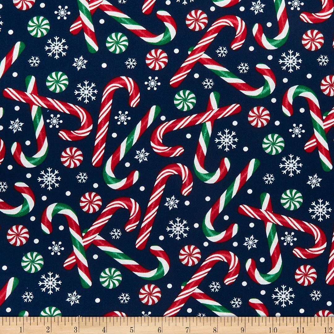 Festive Candy Cane & Peppermint Print Fabric by the Yard - Red/Green/Navy Holiday Cotton Material for DIY Christmas Decorations, Stockings, Table Runners & Quilting