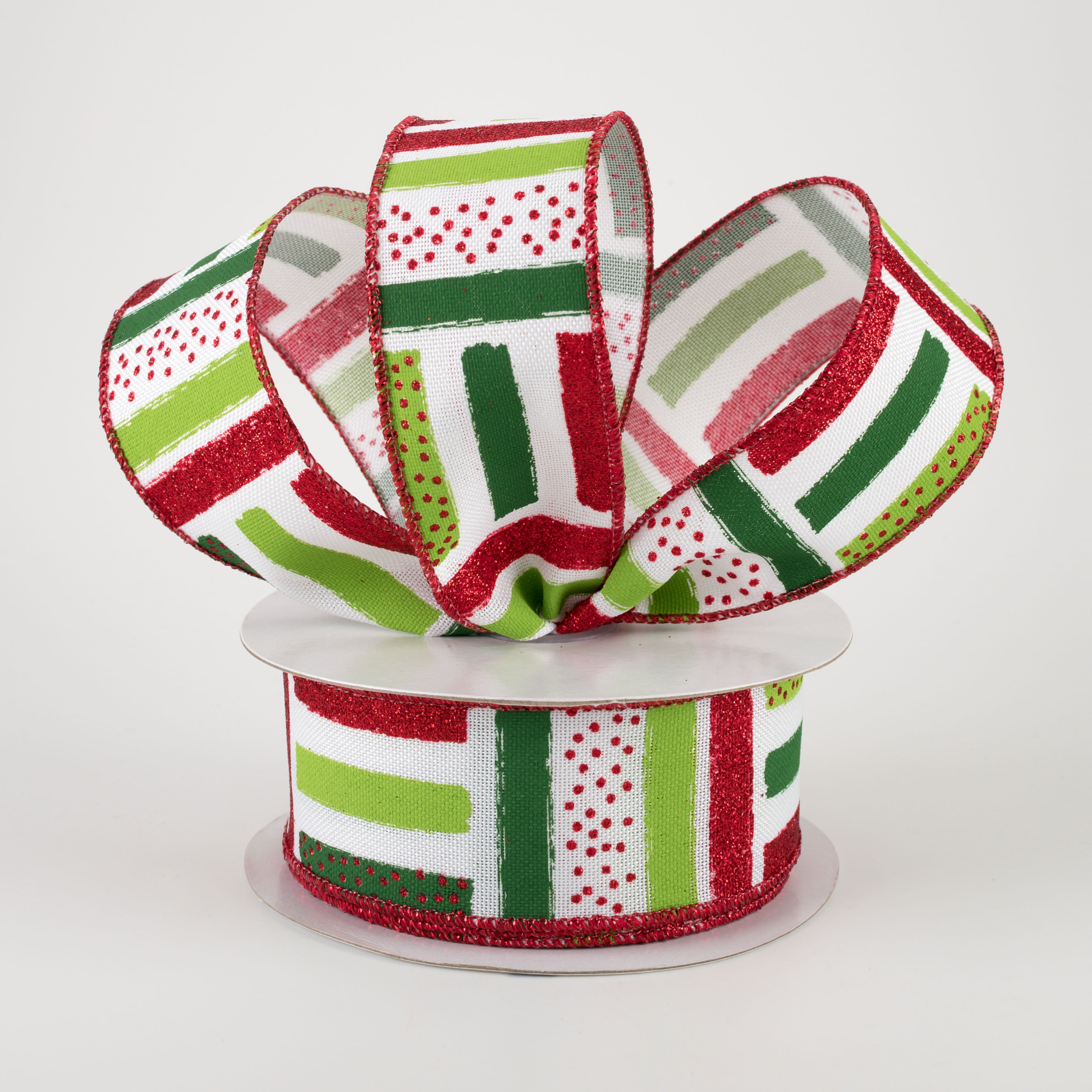 1.5 Inch Brush Stroke Stripes & Dots Ribbon - 10 Yards Bulk Roll for Gift Wrapping, Crafts, DIY Projects (White, Red, Lime, Emerald) - Perfect for Party Decorations, Scrapbooking & Hair Accessories