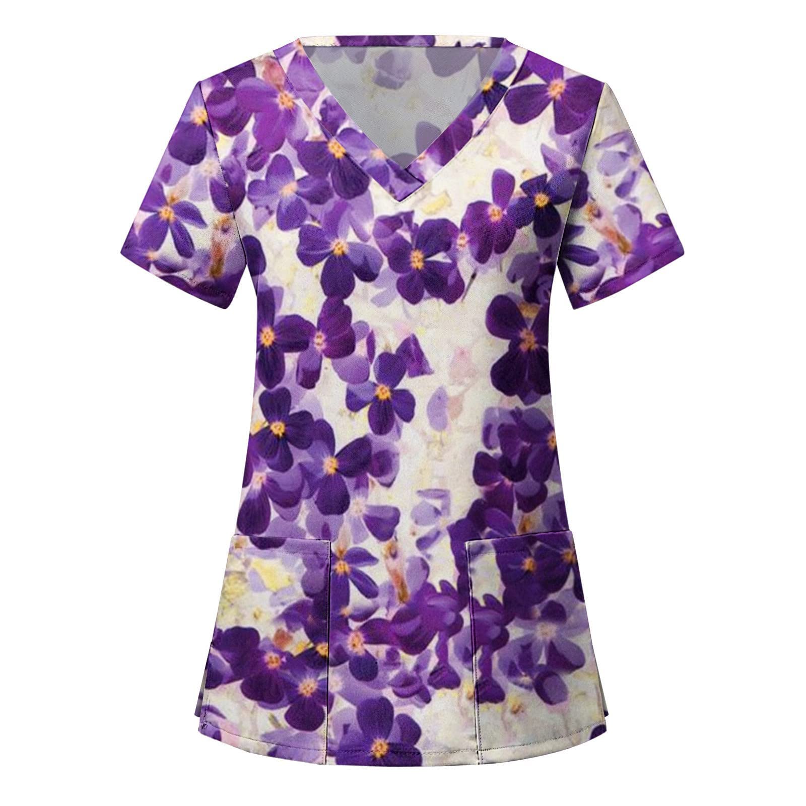 Floral Print V-Neck Short Sleeve Women's Medical Scrub Tops with Pockets - Comfortable Work Uniform for Nurses, Doctors & Healthcare Professionals - Perfect for Hospitals, Clinics & Long Shifts