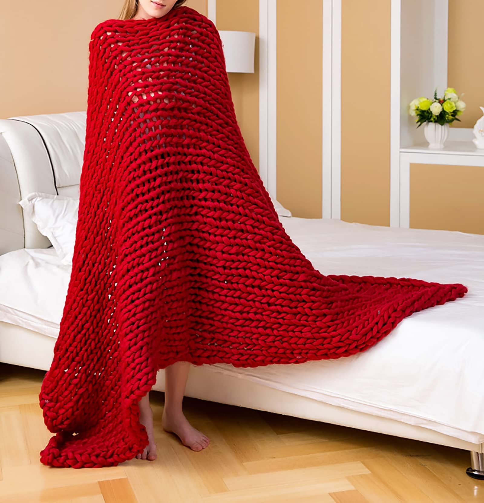 Chunky Knit Throw Blanket - Handmade Soft Warm Wool Blanket for Bed & Sofa - 47x59 Inch Red Cozy Knitted Bedspread - Perfect for Winter Nights, Living Room Decor & Gift Giving