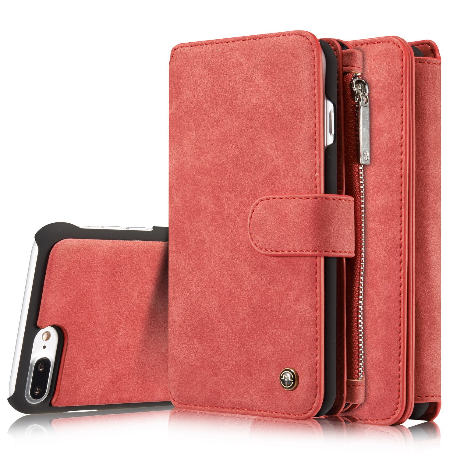 Magnetic iPhone 7/8 Plus Wallet Case - Slim Leather Card Holder & Stand for Women/Men (Red) - Perfect for Travel & Daily Use
