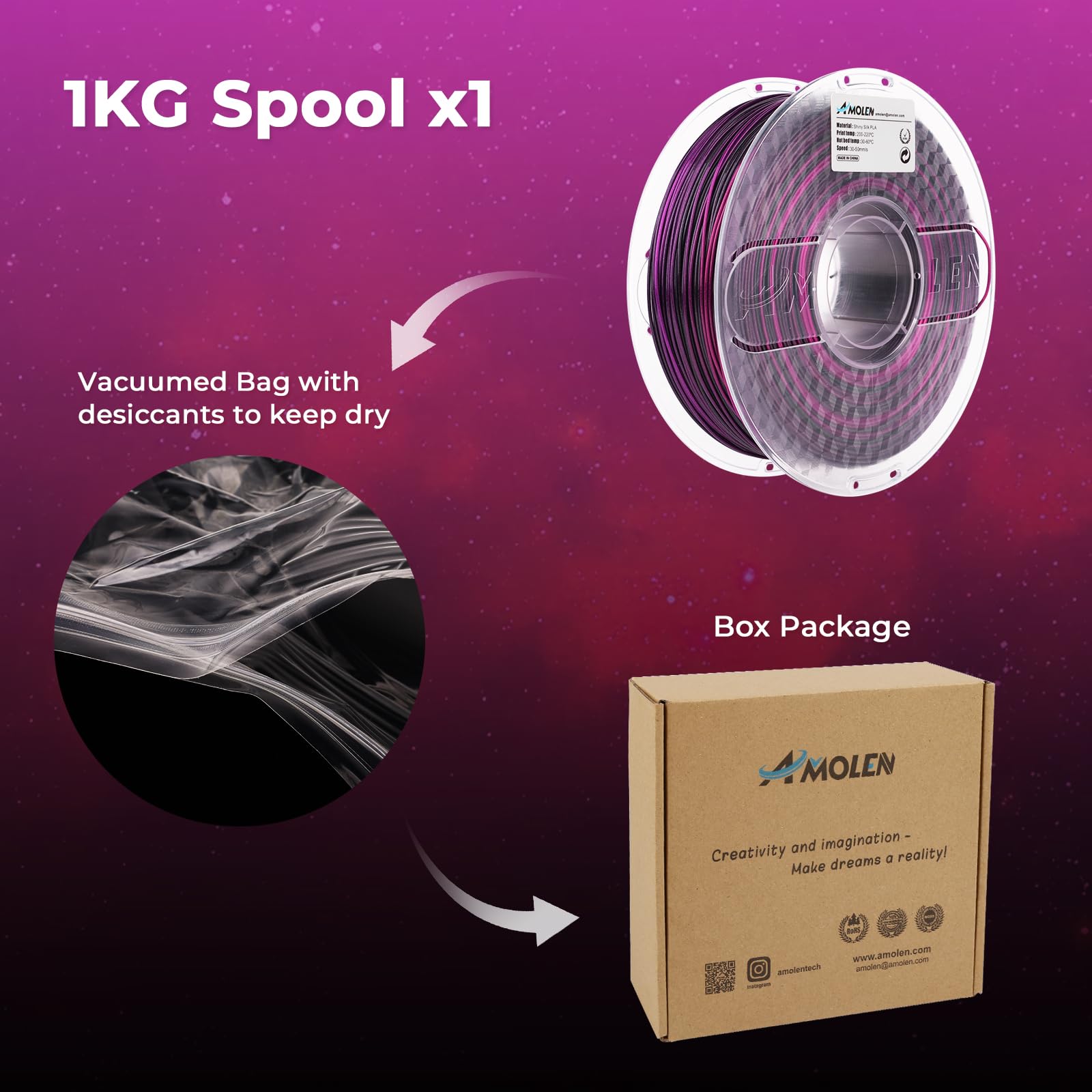 AMOLEN PLA 3D Printing Filament 1.75mm - Silk Shiny Gradient Filament (Black, Purple, Red, Fuchsia) 1KG/2.2lb - High Quality PLA Filament for 3D Printer & 3D Pen - Perfect for DIY Crafts, Cosplay Props, Home Decor & Educational Projects