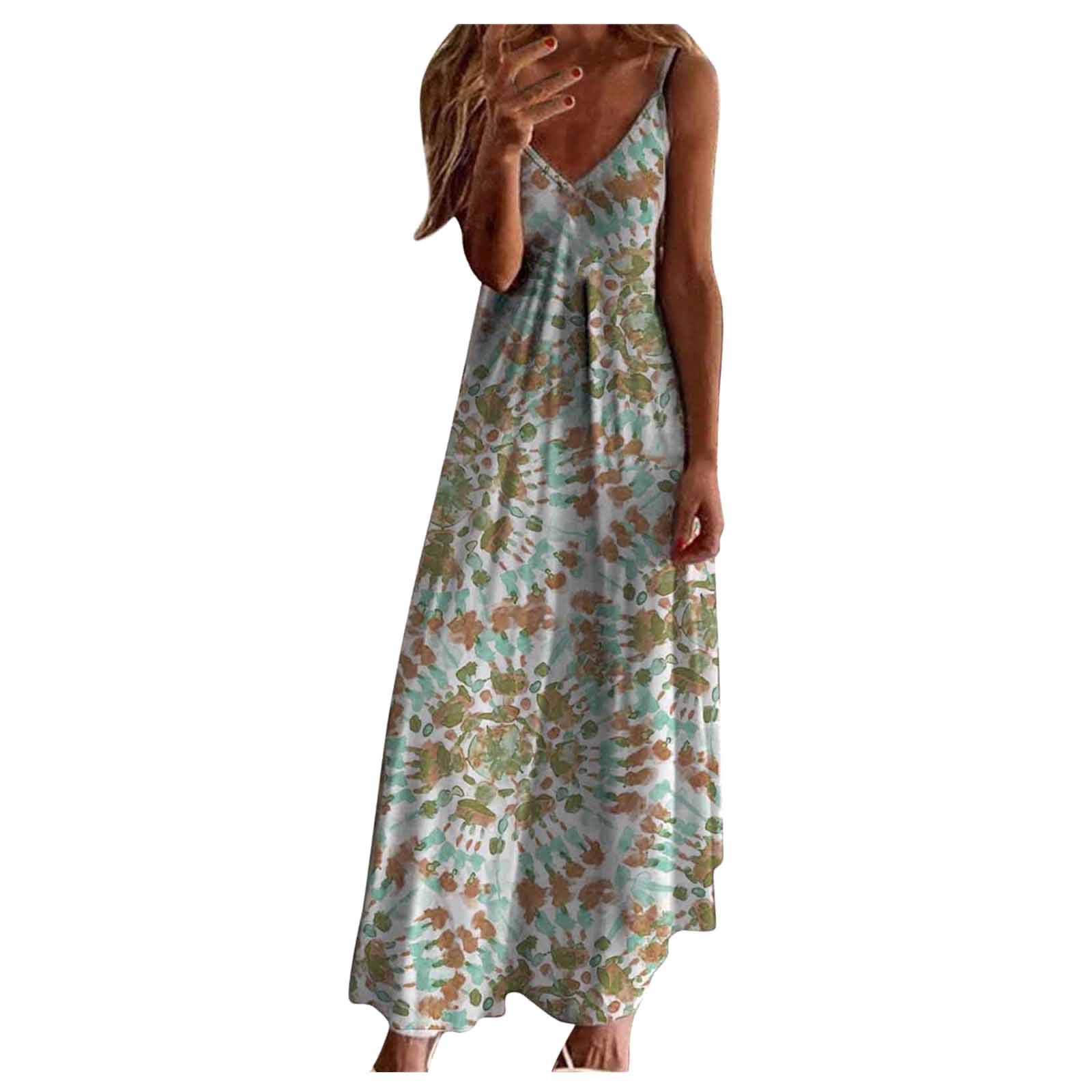 IKDXUF Plus Size Maxi Dress for Women - Boho Floral Color Block Print Sleeveless Strap Dress, Sexy Summer Beach Dress for Vacations, Parties & Outdoor Events