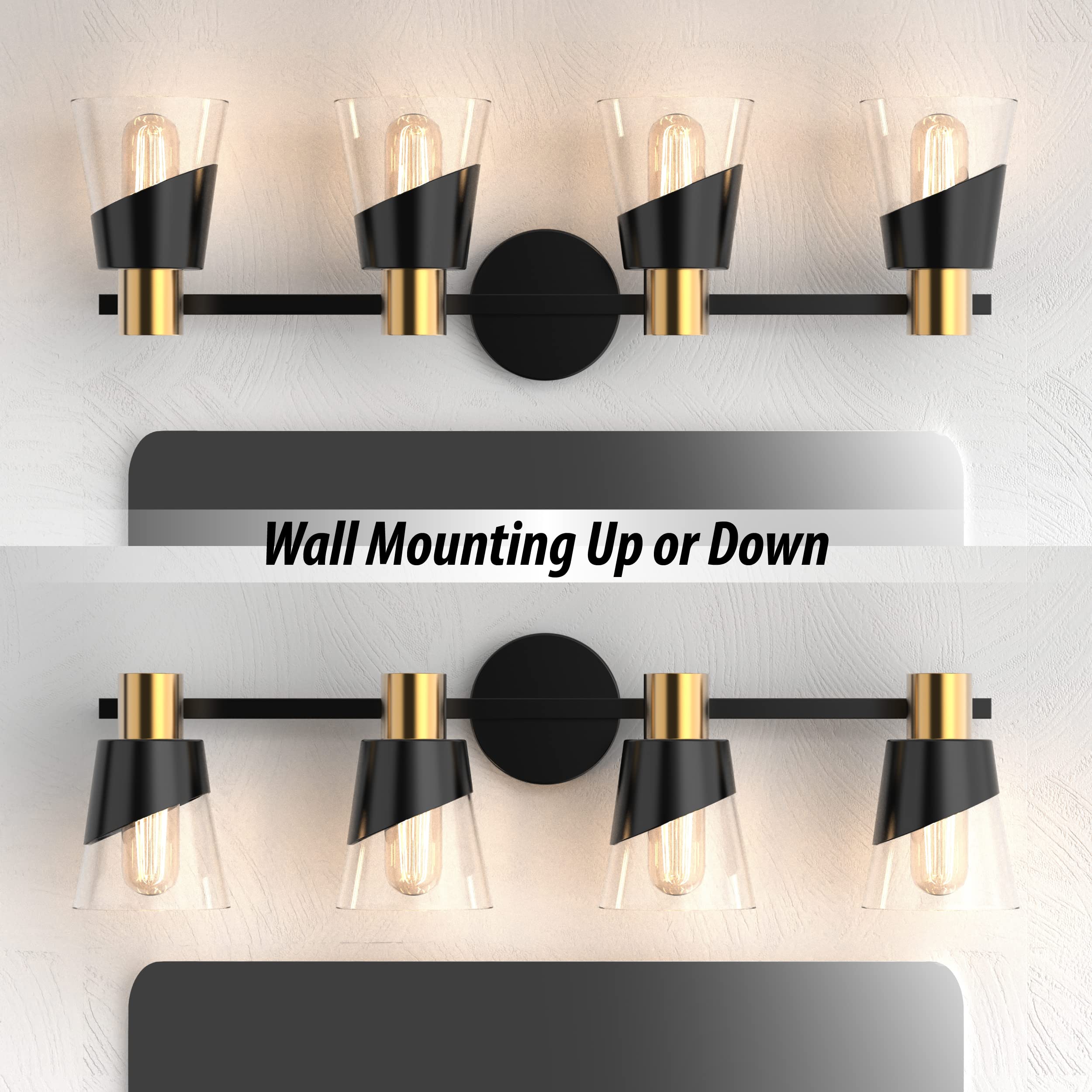 URSOLA 4-Light Bathroom Vanity Lighting Fixture - 28.34 Inch Black & Gold Wall Sconce with Beveled Edge & Clear Glass Shade - Perfect for Bathroom Mirror Lighting, Powder Room, and Spa-Like Ambience