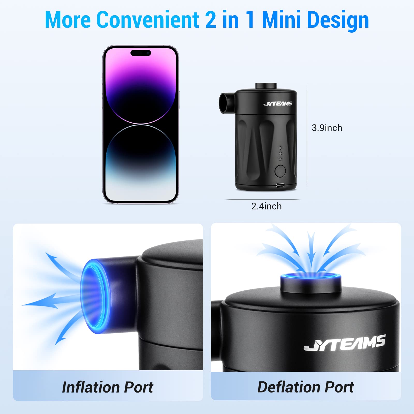 Portable Rechargeable Electric Air Pump - Fast Inflation for Air Mattress, Pool Floats, Boat Toys & Inflatables | Mini Travel Air Pump with 4 Nozzles | Perfect for Camping, Travel & Outdoor Activities
