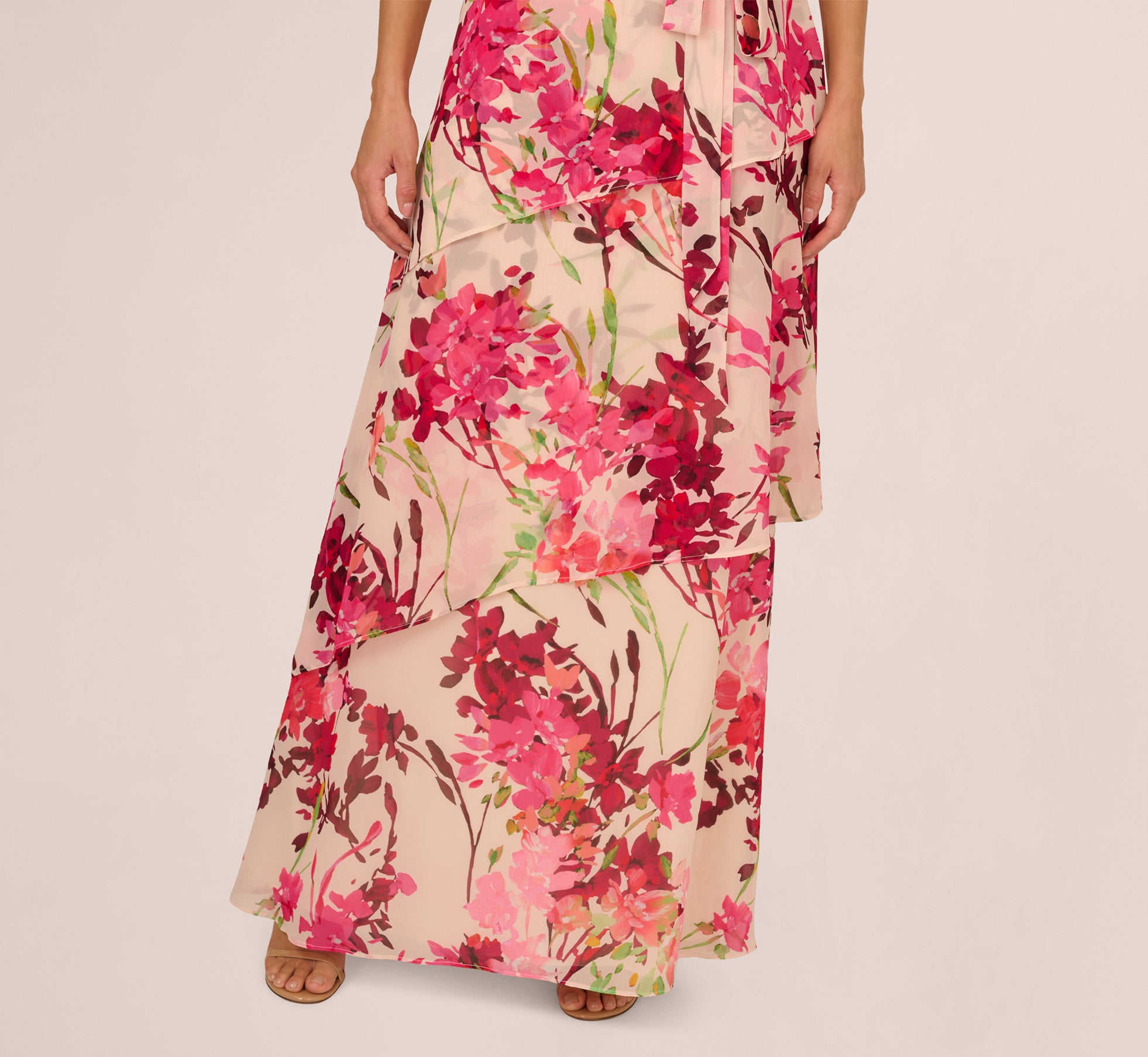 Elegant One Shoulder Floral Chiffon Tiered Gown in Alabaster Multi - Perfect for Weddings, Prom & Evening Parties