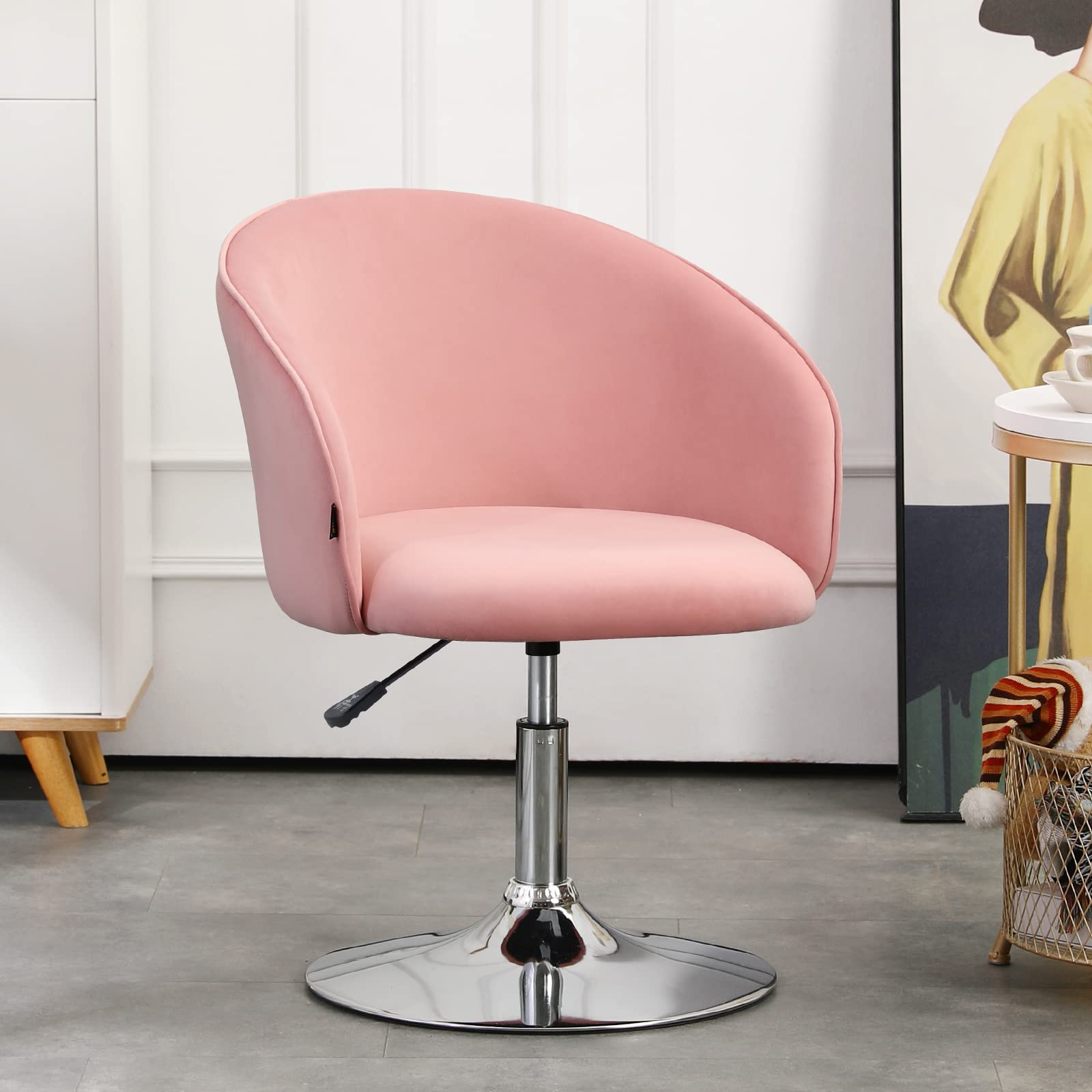 Furnimart Velvet Vanity Chair - Adjustable Height Makeup Stool with Chrome Frame, Round Swivel Accent Chair for Bedroom, Living Room & Office (Pink) - Perfect for Dressing Tables, Beauty Salons and Home Decor