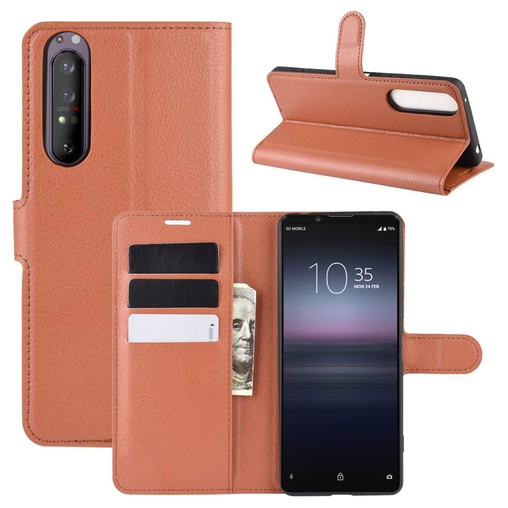 Sony Xperia 1 II Leather Flip Wallet Case with Card Holder & Phone Stand - Brown Protective Cover for Credit Cards & Cash - Perfect for Travel, Work & Daily Use