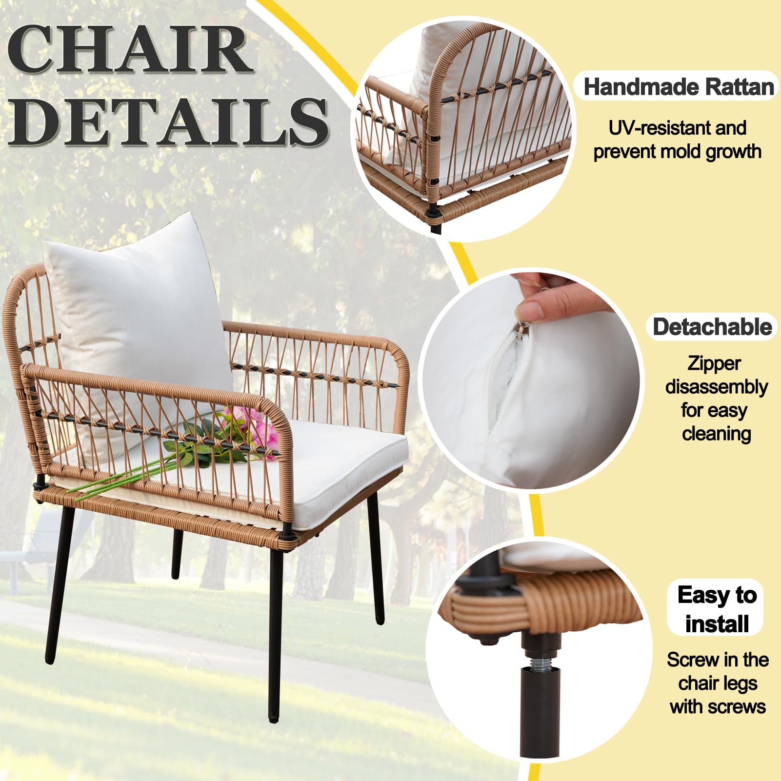 Homsido 4-Piece Boho Patio Furniture Set - Outdoor Wicker Chairs with Washable White Cushions & Glass Coffee Table - Perfect for Balcony, Garden, or Backyard Relaxation