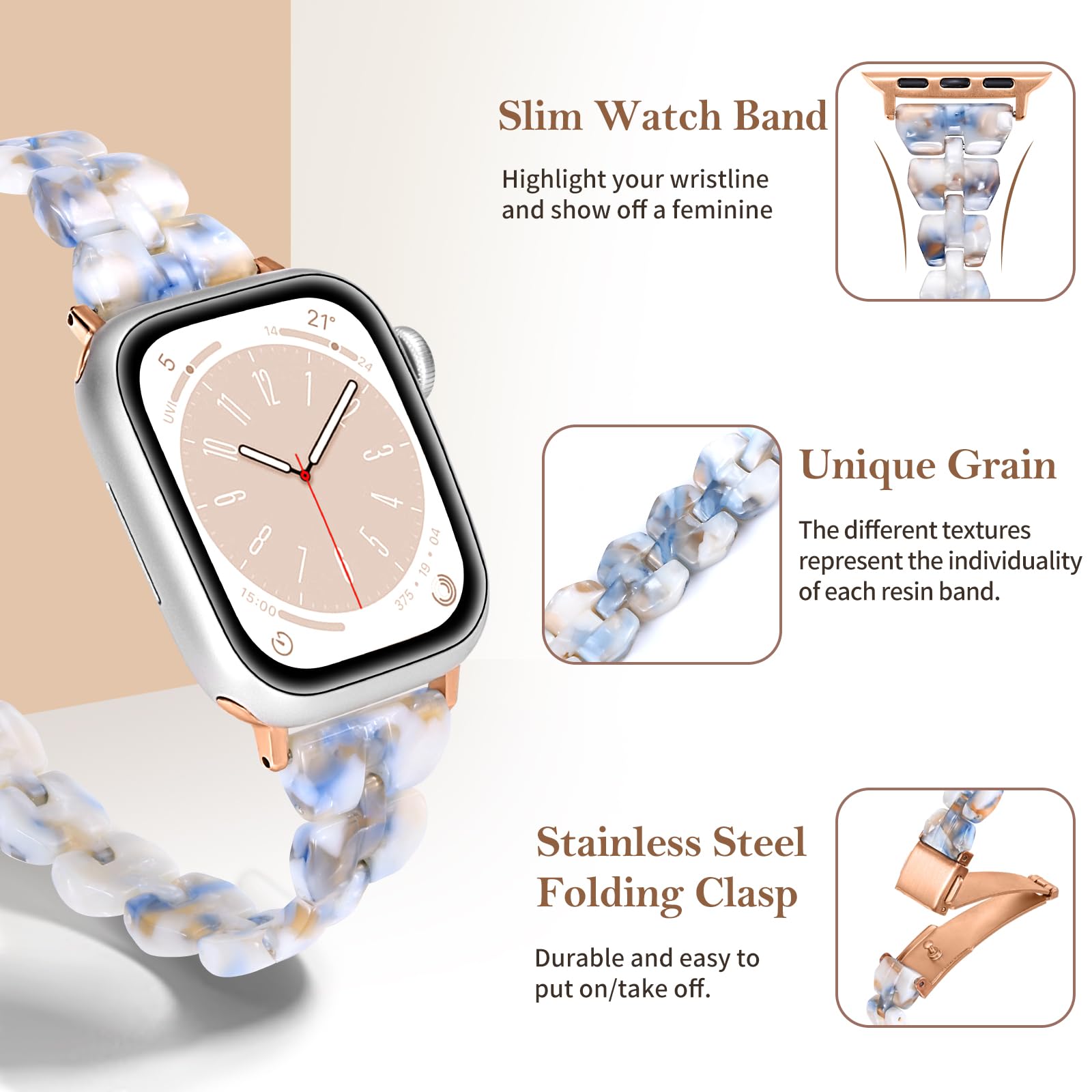 Slim Resin Apple Watch Bands Compatible with 38mm 40mm 41mm 42mm 44mm 45mm 49mm - Lightweight Replacement Wristband for Women, Fits Apple Watch Series 10/9/8/7/SE/6/5/4/3 - Perfect for Workouts, Office & Everyday Wear