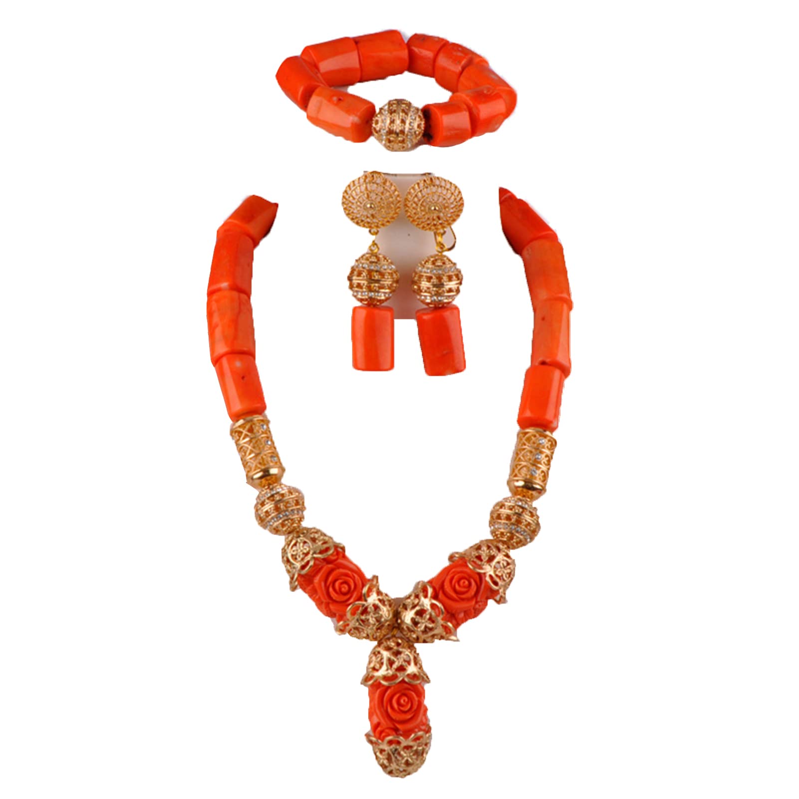 Natural African Beads Coral Necklace Set - Handmade Orange Coral Jewelry for Nigerian Weddings & Special Occasions - Perfect for Bridal Jewelry, Cultural Events & Gift Giving