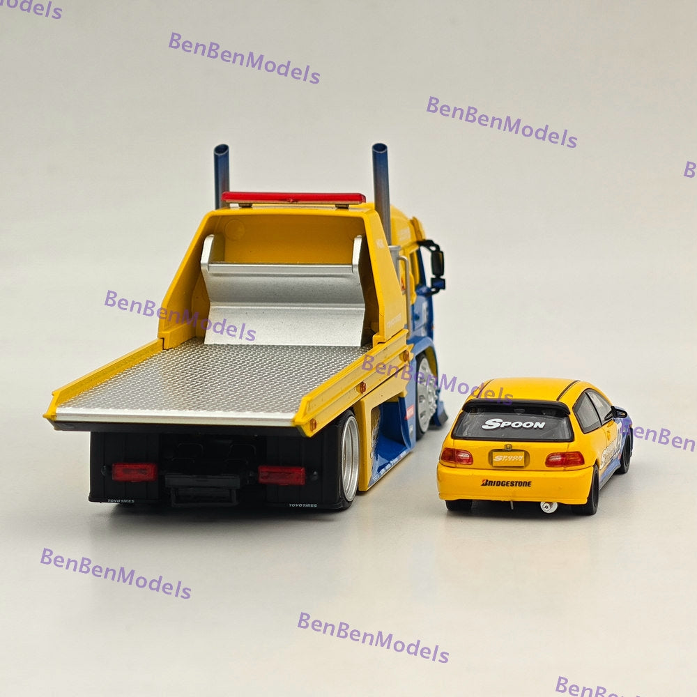 1:64 Scale SH KamAZ Spoon Sports Flatbed Tow Truck with Honda Civic EG6 Spoon #95 Diecast Model Car - Perfect for Collectors, Racing Enthusiasts, and Display Showcases