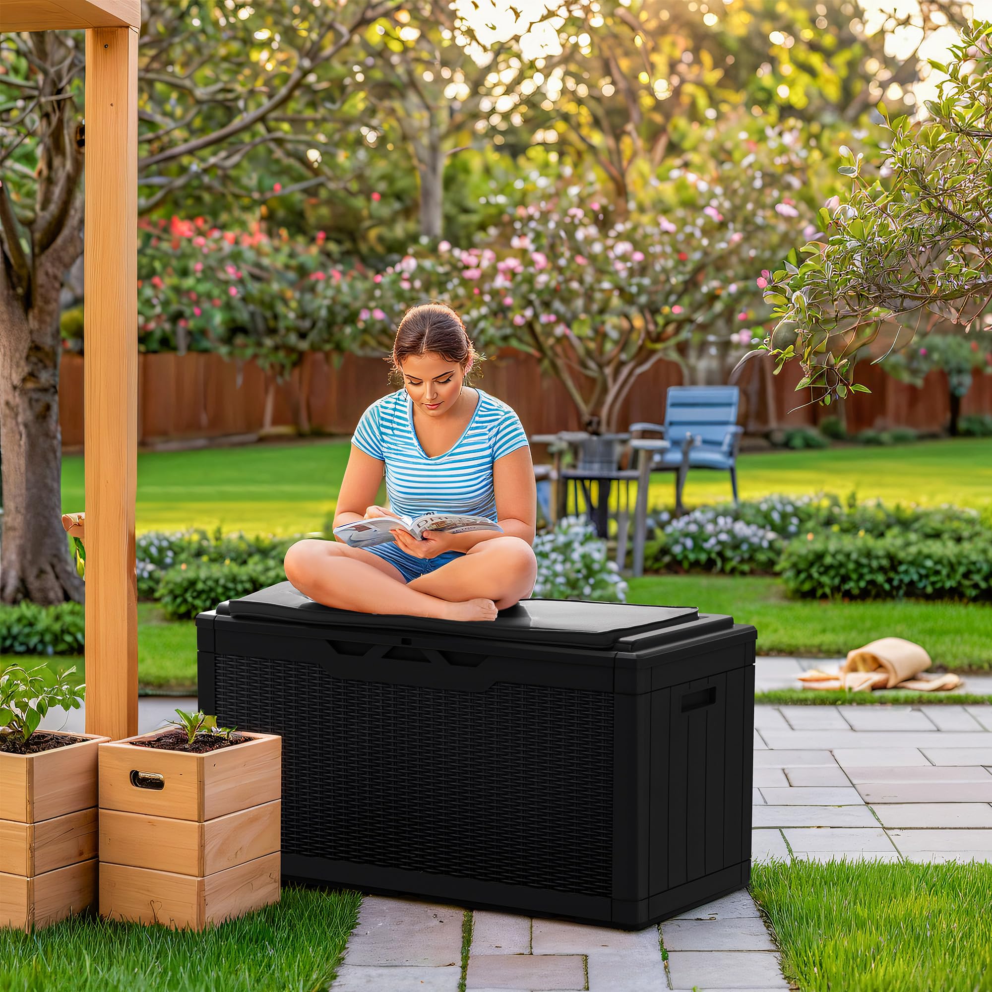 Greesum 100 Gallon Resin Deck Box - Large Outdoor Storage Bench with Cushions for Garden Tools, Patio Furniture, Pool Supplies (Black) - Perfect for Backyard, Deck, and Poolside Organization