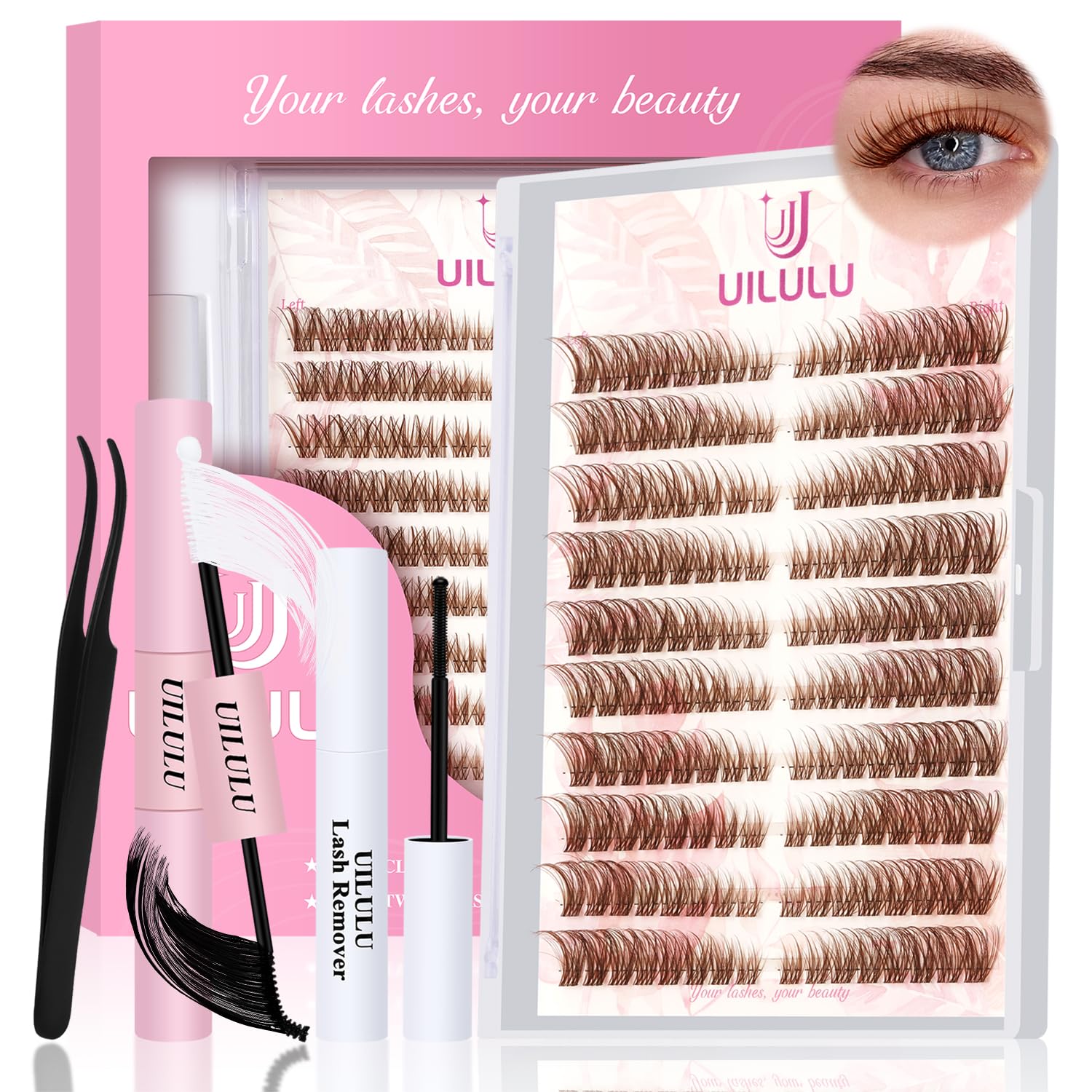 Natural Brown Lash Clusters Kit - 160pcs Wispy Eyelash Extensions D Curl (Left & Right) with Bond, Seal, Glue Remover & Tweezers - Perfect for Daily Wear, Special Occasions & Professional Makeup Artists (U16)