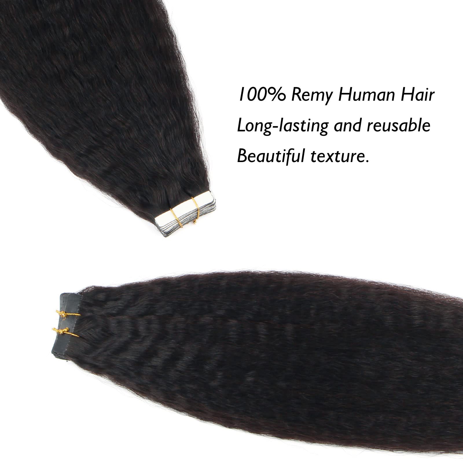 ABH AMAZINGBEAUTY Kinky Straight Tape-In Hair Extensions - 100% Human Hair, Natural Black, 16 Inch, 20pcs (50g) - Seamless, Invisible, Reusable - Perfect for Daily Styling, Volume Boost & Special Occasions