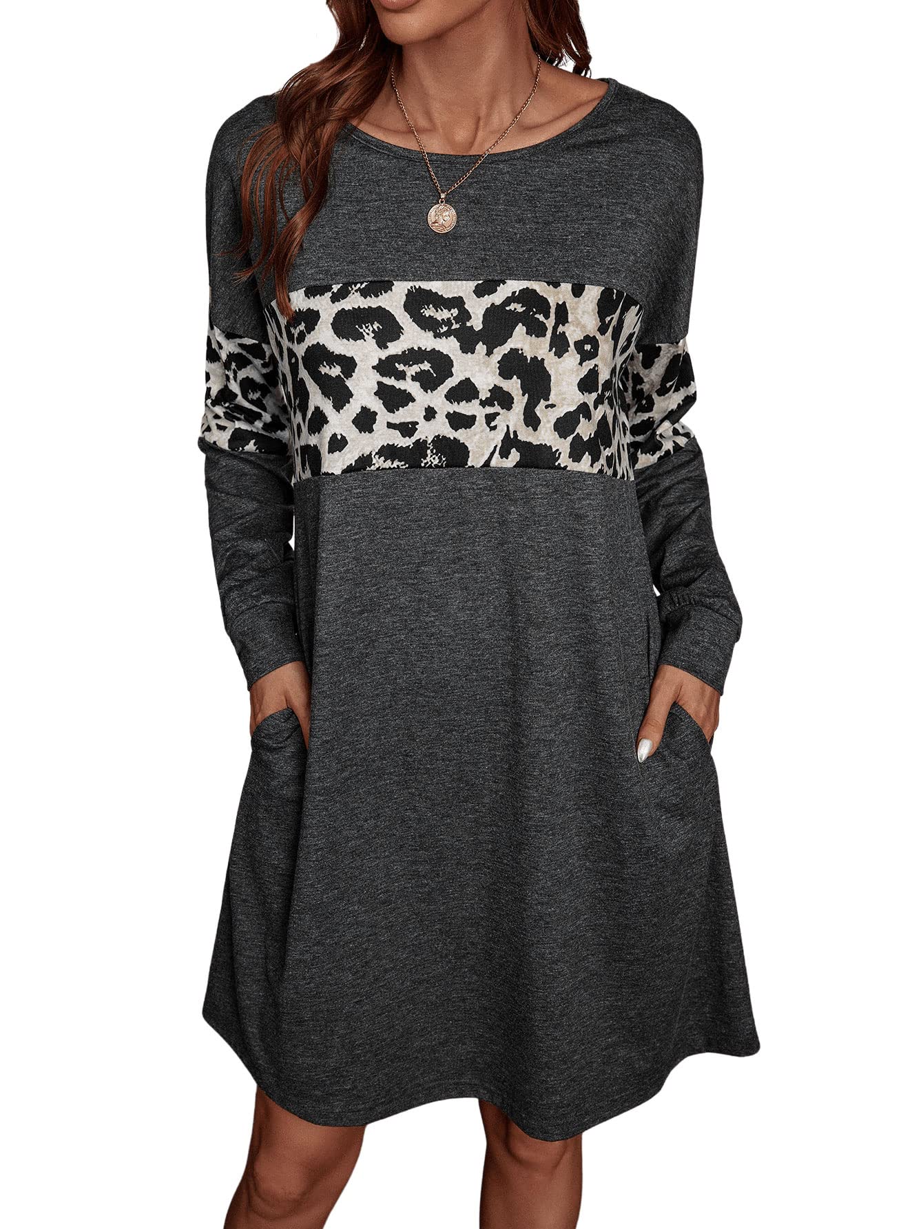 SweatyRocks Women's Long Sleeve Crewneck Graphic T-Shirt Dress - Casual Comfort Fit for Everyday Wear, Work, and Weekend Outings