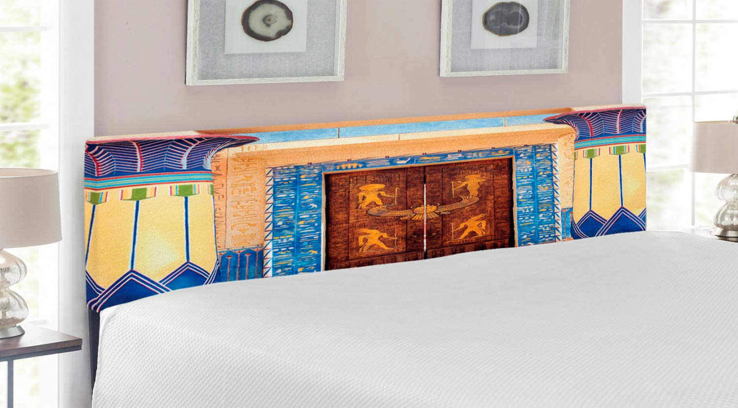 Ambesonne Egyptian Style King Size Upholstered Headboard - Vintage Architectural Design with Ornate Columns & Entry Door Detailing - Memory Foam Cushioned Metal Bed Frame Headboard for Luxurious Bedroom Decor (Multicolor) - Perfect for Master Bedrooms, Guest Rooms & Airbnb Listings