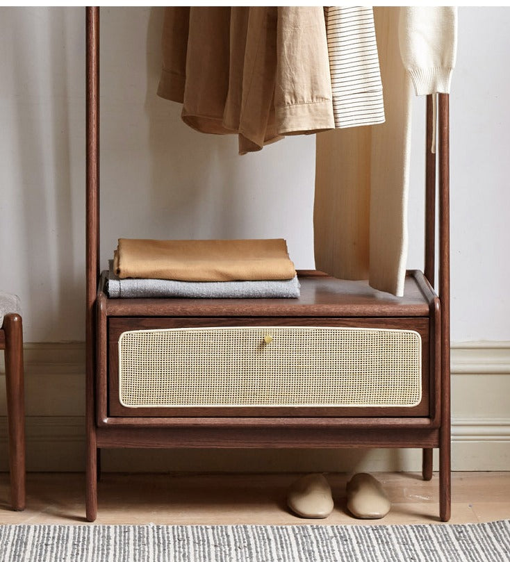 Oak Walnut Rattan Coat Hanger - Multi-Functional Wall Mounted Coat Rack for Jackets, Hats & Bags | Perfect for Entryway, Bedroom & Closet Organization