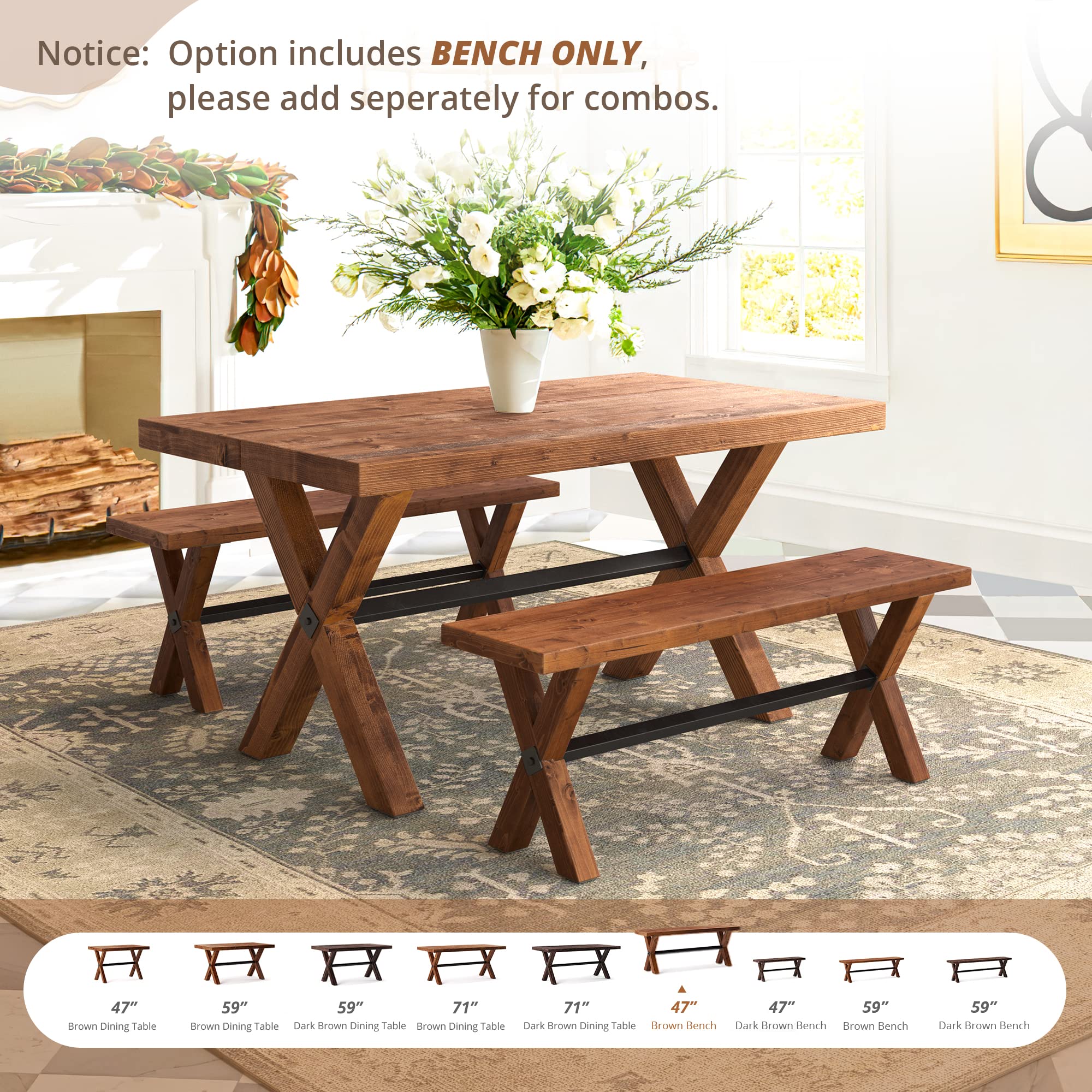LUE BONA 47 Inch Solid Wood Dining Bench - Farmhouse Style Kitchen Bench with Natural Wood Grain - Heavy Duty Rectangular Dining Table Bench for Home, Kitchen & Dining Room - Light Brown - Perfect for Farmhouse Decor, Kitchen Islands & Breakfast Nooks
