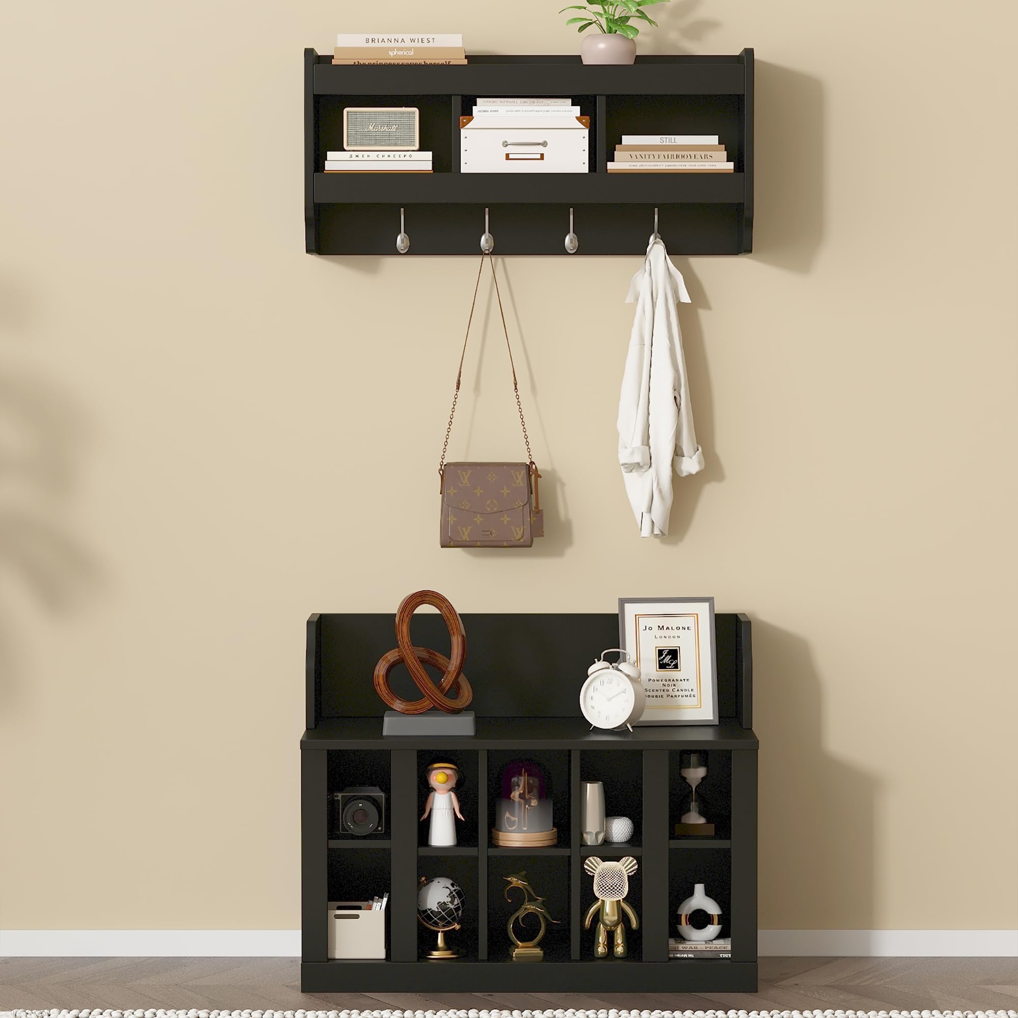 Modern Hall Tree Entryway Organizer - Coat Rack Shoe Storage Bench with Shelves & 4 Hooks, Wall Mounted Mudroom Furniture for Coats, Shoes & Accessories - Perfect for Entryways, Hallways & Small Spaces (Black)