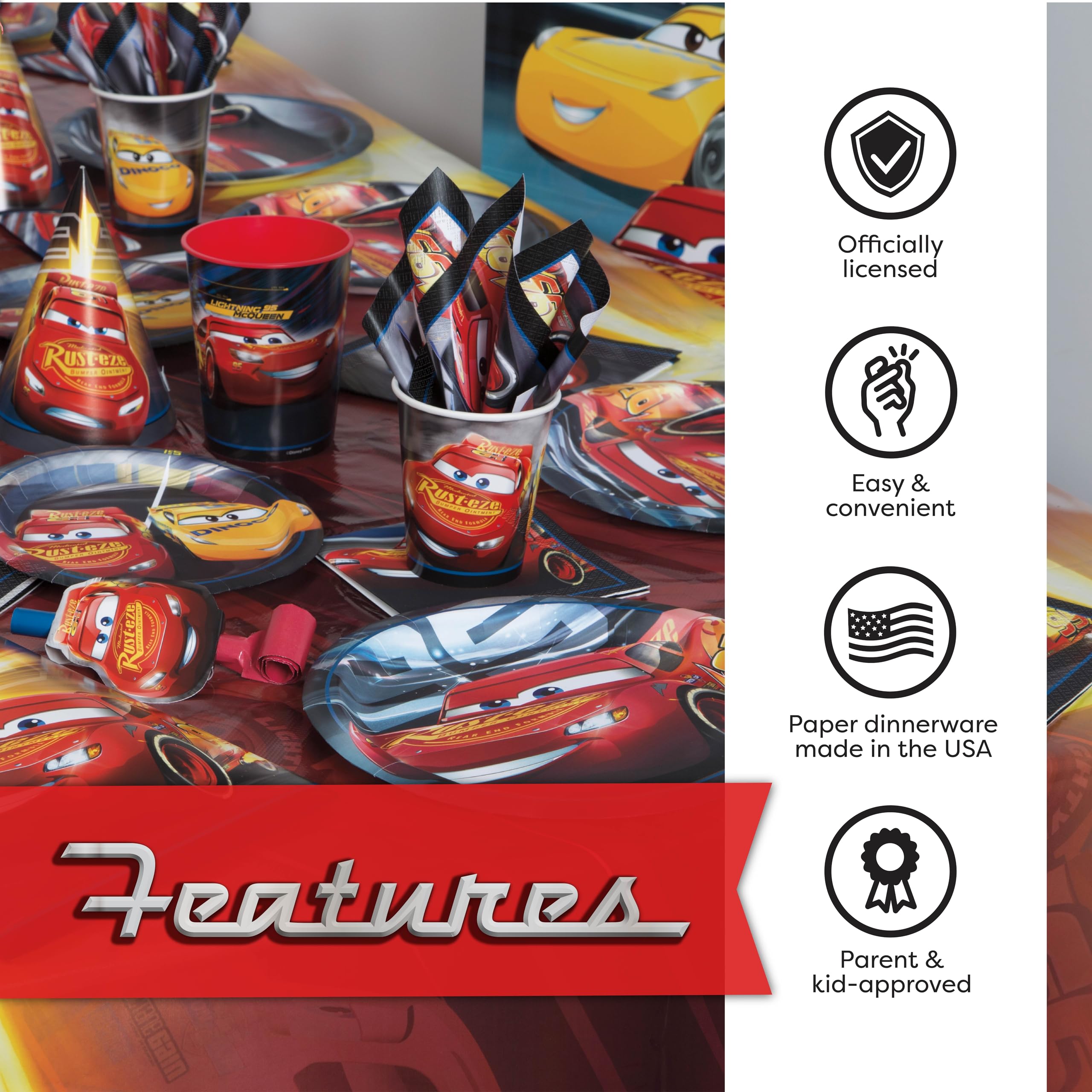 **Disney Cars Lightning McQueen Birthday Party Supplies Set - Officially Licensed Decorations for 16 Guests with Tablecloth, Banner, Plates, Napkins & Buttons | Perfect for Kids' Birthday Parties, Themed Events & Disney Fans Celebrations**