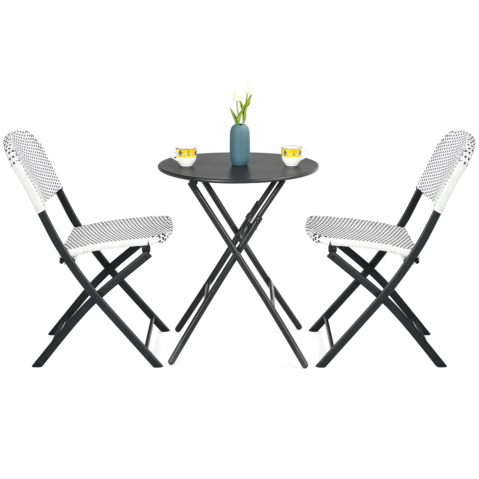Giantex 3-Piece Patio Dining Set - Folding Bistro Table with 2 Rattan Chairs, Metal Frame Indoor/Outdoor Furniture for Garden, Balcony, Porch, Yard, Lawn & Poolside (White & Black) - Perfect for Outdoor Entertaining, Relaxing & Dining Al Fresco