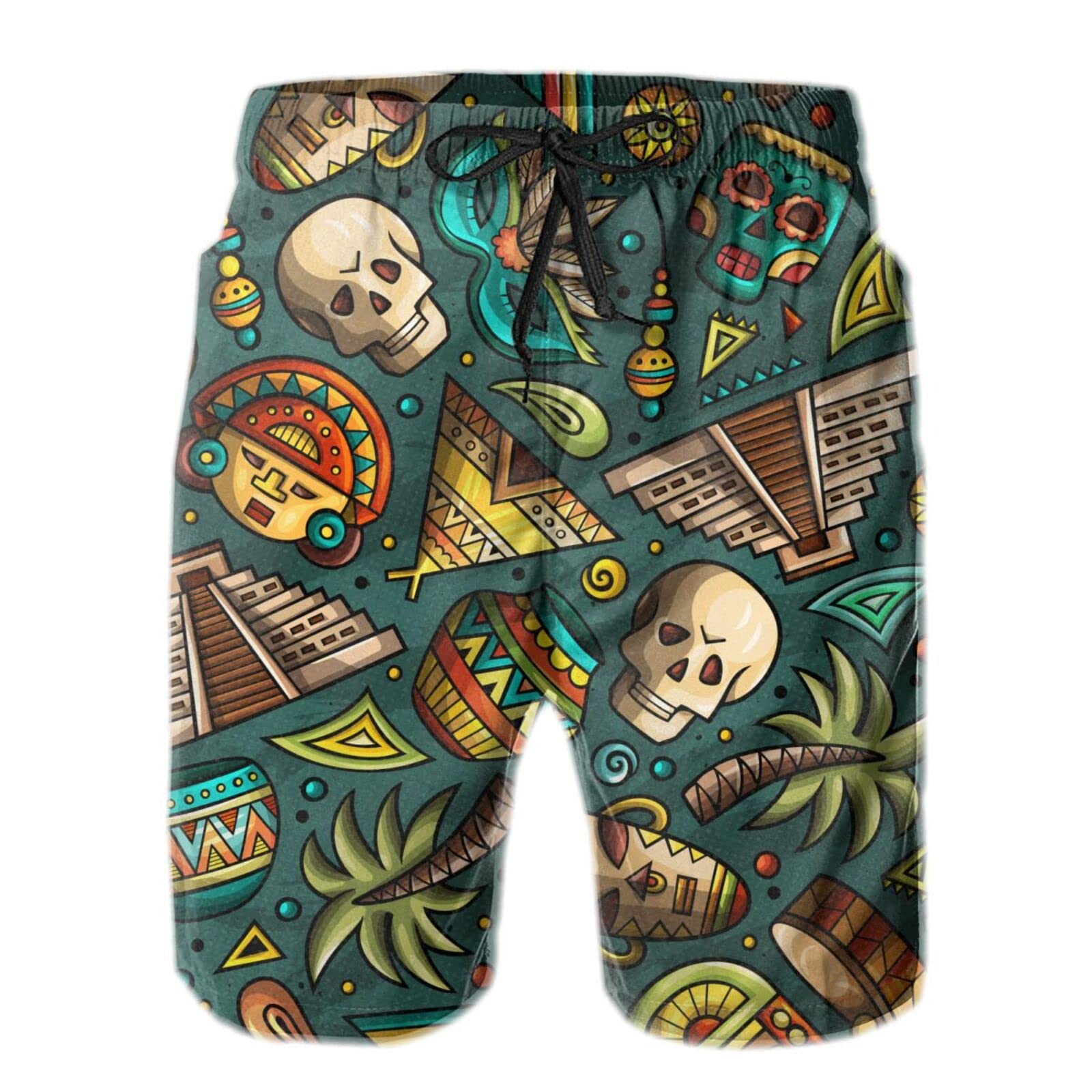 American Mexican Skull Men's Quick Dry Swim Trunks with Mesh Lining - Beach, Pool & Water Sports Board Shorts